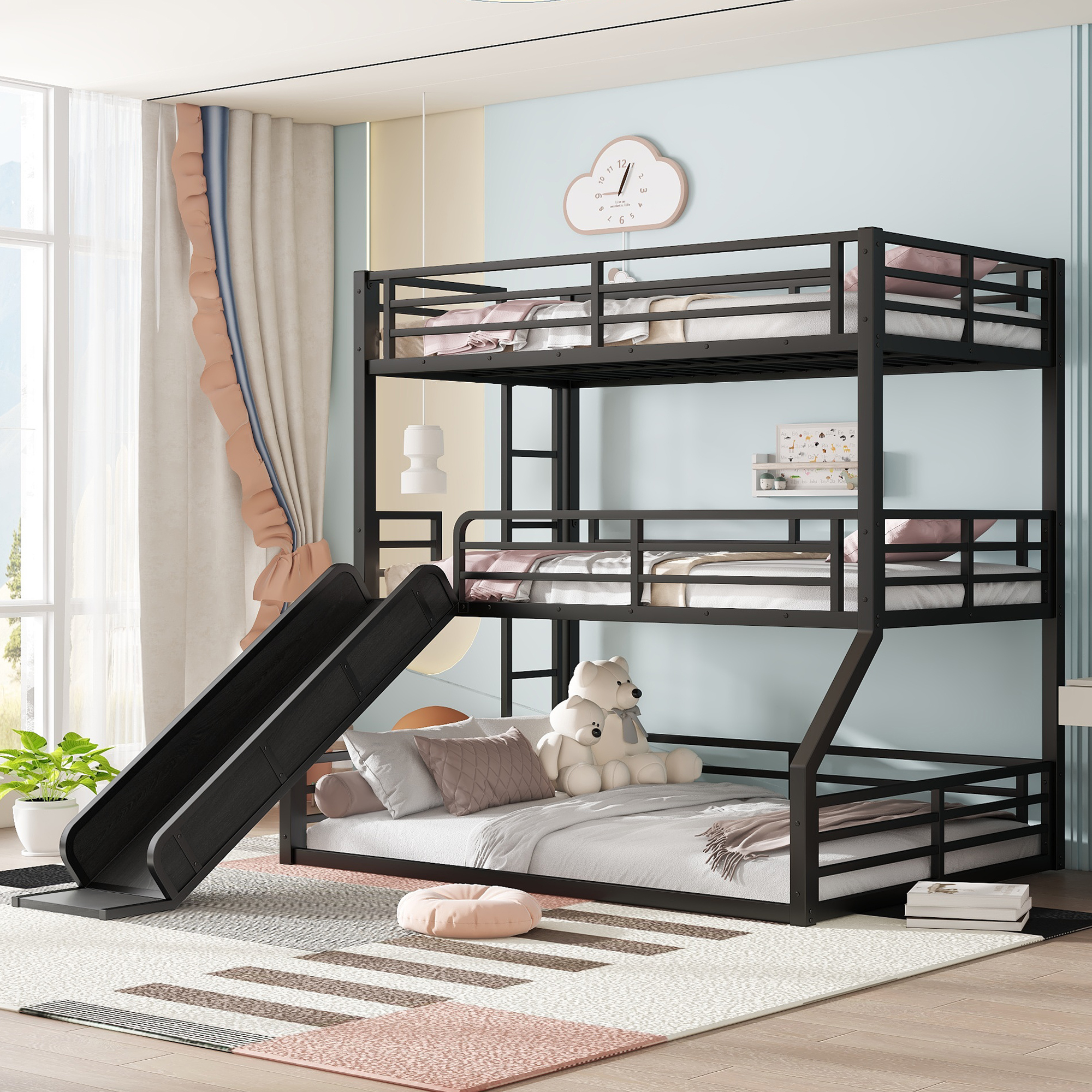 Twin over Twin over Full Bunk Bed with Slide, Metal Triple Bunk Bed with Safety Guardrails, Heavy-duty Bunk Bed with Noise-reduced Design, Black - Image 3