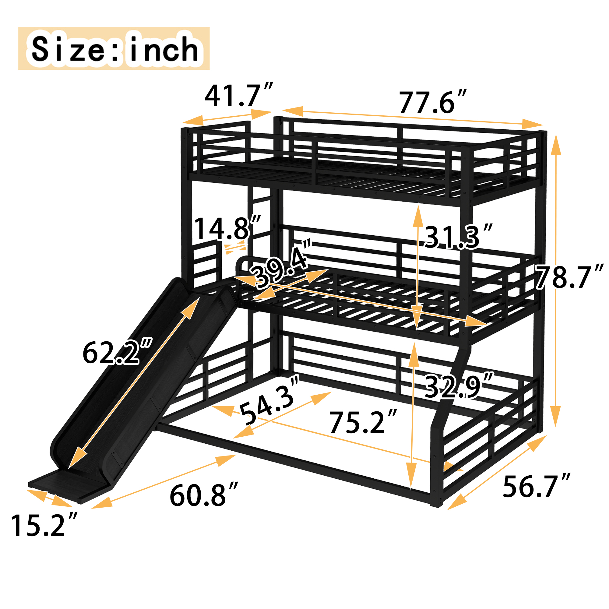 Twin over Twin over Full Bunk Bed with Slide, Metal Triple Bunk Bed with Safety Guardrails, Heavy-duty Bunk Bed with Noise-reduced Design, Black - Image 4