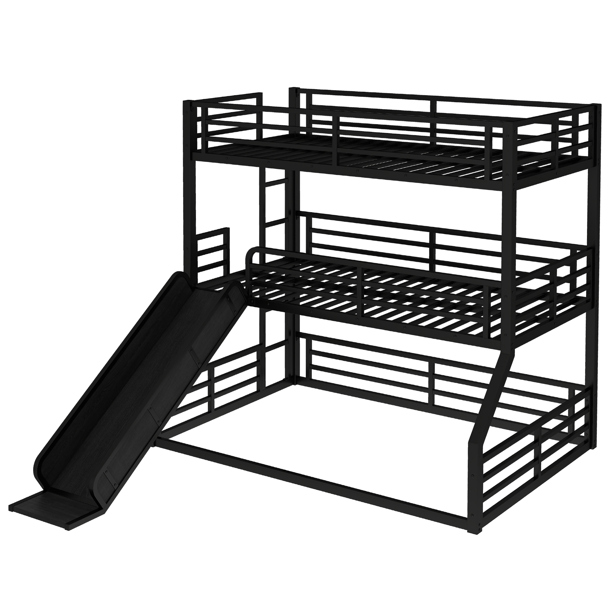 Twin over Twin over Full Bunk Bed with Slide, Metal Triple Bunk Bed with Safety Guardrails, Heavy-duty Bunk Bed with Noise-reduced Design, Black - Image 5