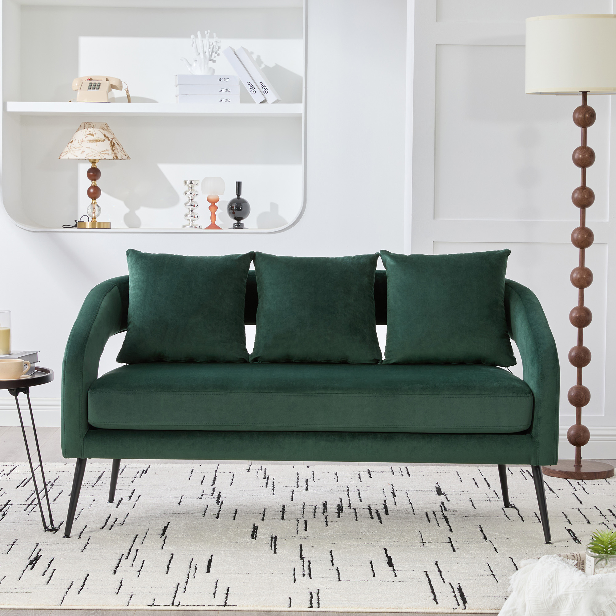 53.7"Modern Upholstered Velvet Open Back Loveseat Settee with 3 Pillows, Small Comfy Sofa 2-Seater Mini Sofa for Small Space with Metal Legs, Living Room Bedroom Office Dorm Studio Apartment, Green - Image 2