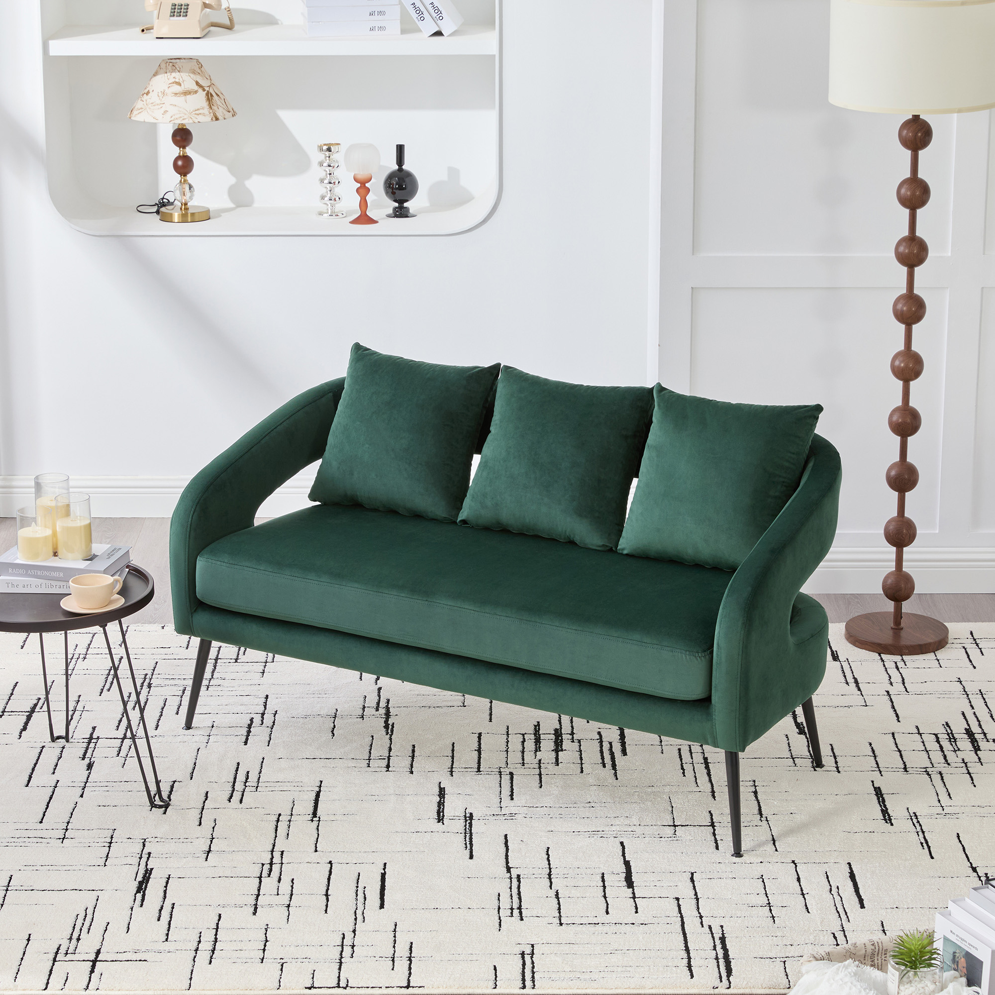 53.7"Modern Upholstered Velvet Open Back Loveseat Settee with 3 Pillows, Small Comfy Sofa 2-Seater Mini Sofa for Small Space with Metal Legs, Living Room Bedroom Office Dorm Studio Apartment, Green - Image 3