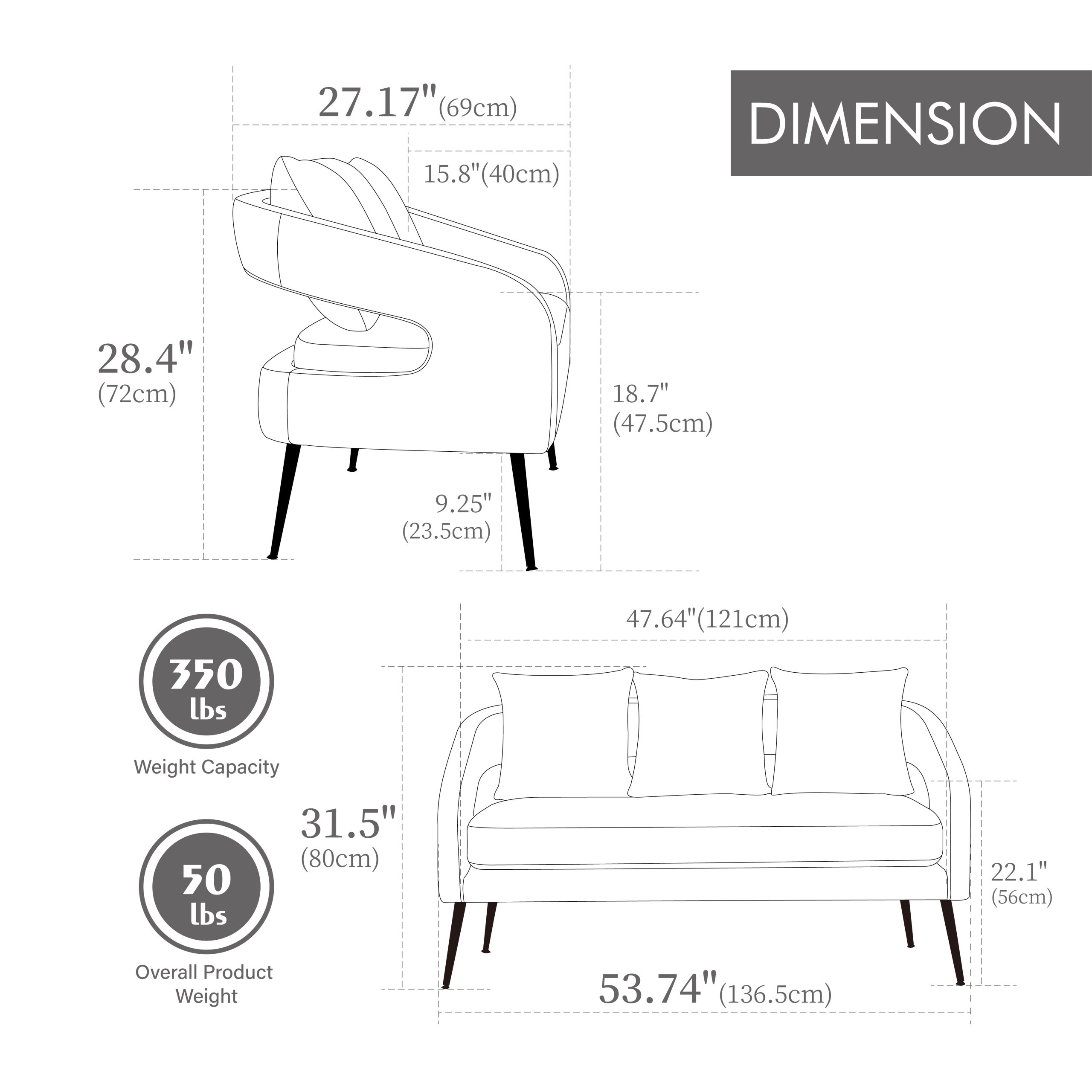 53.7"Modern Upholstered Velvet Open Back Loveseat Settee with 3 Pillows, Small Comfy Sofa 2-Seater Mini Sofa for Small Space with Metal Legs, Living Room Bedroom Office Dorm Studio Apartment, Beige - Image 4