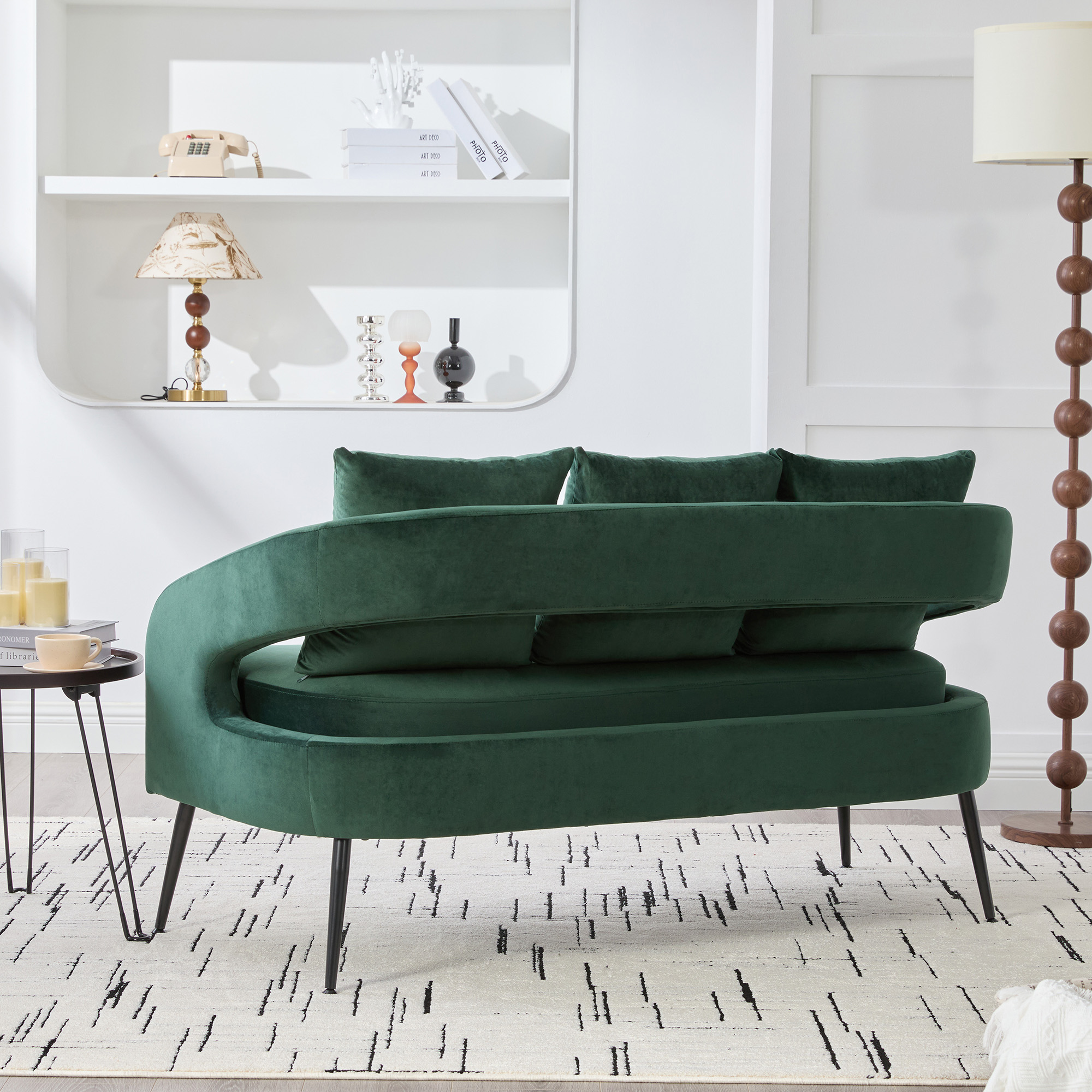 53.7"Modern Upholstered Velvet Open Back Loveseat Settee with 3 Pillows, Small Comfy Sofa 2-Seater Mini Sofa for Small Space with Metal Legs, Living Room Bedroom Office Dorm Studio Apartment, Green - Image 5