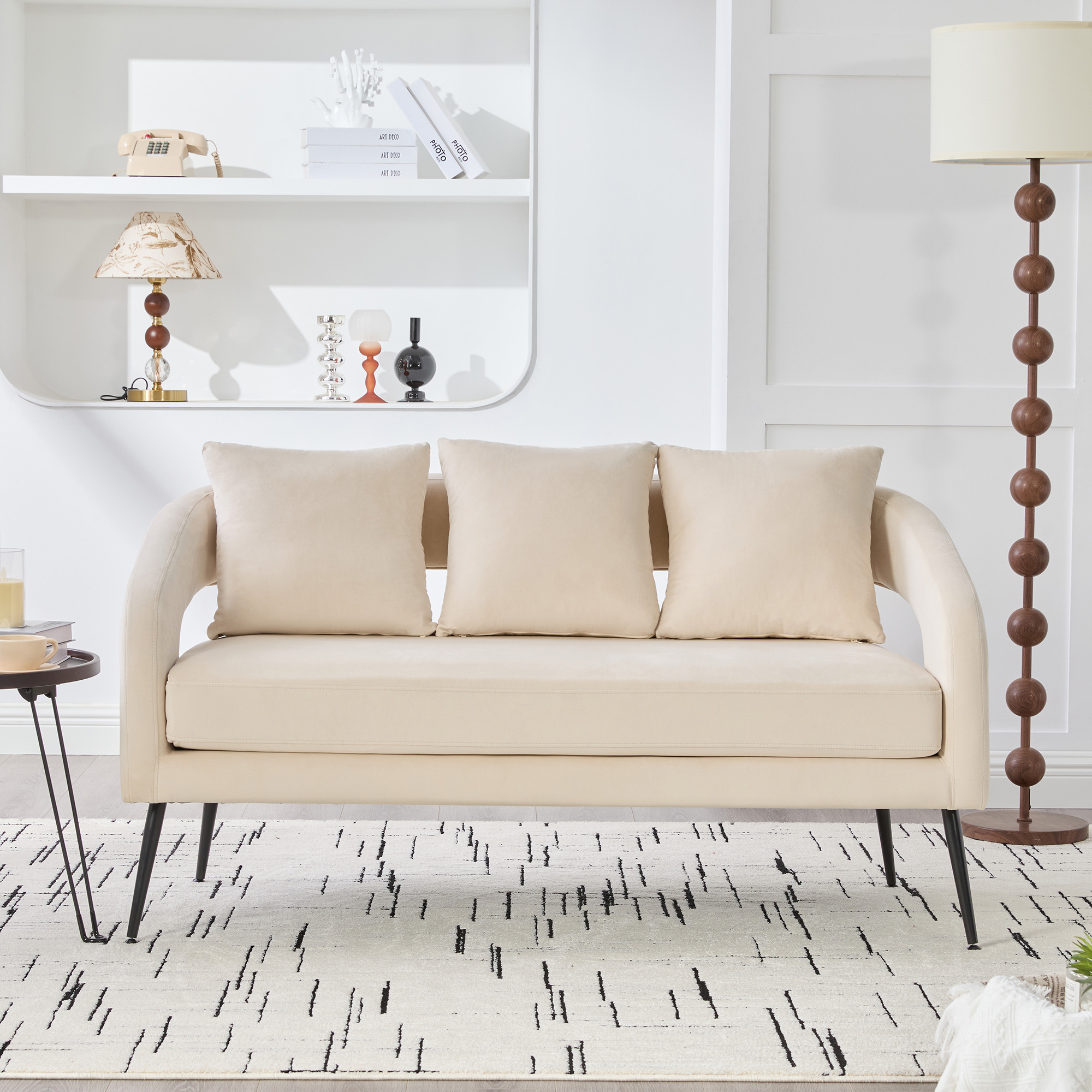 53.7"Modern Upholstered Velvet Open Back Loveseat Settee with 3 Pillows, Small Comfy Sofa 2-Seater Mini Sofa for Small Space with Metal Legs, Living Room Bedroom Office Dorm Studio Apartment, Beige - Image 2