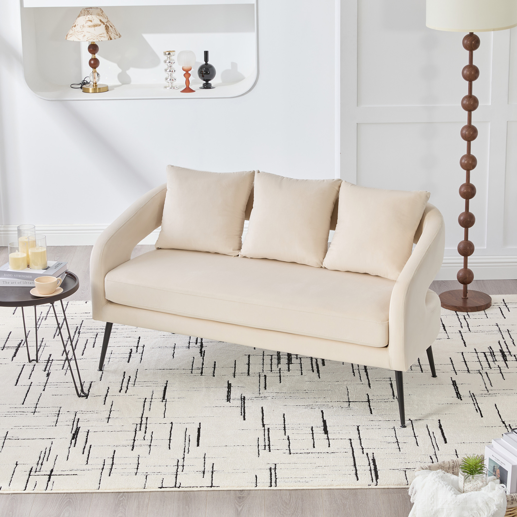 53.7"Modern Upholstered Velvet Open Back Loveseat Settee with 3 Pillows, Small Comfy Sofa 2-Seater Mini Sofa for Small Space with Metal Legs, Living Room Bedroom Office Dorm Studio Apartment, Beige - Image 3
