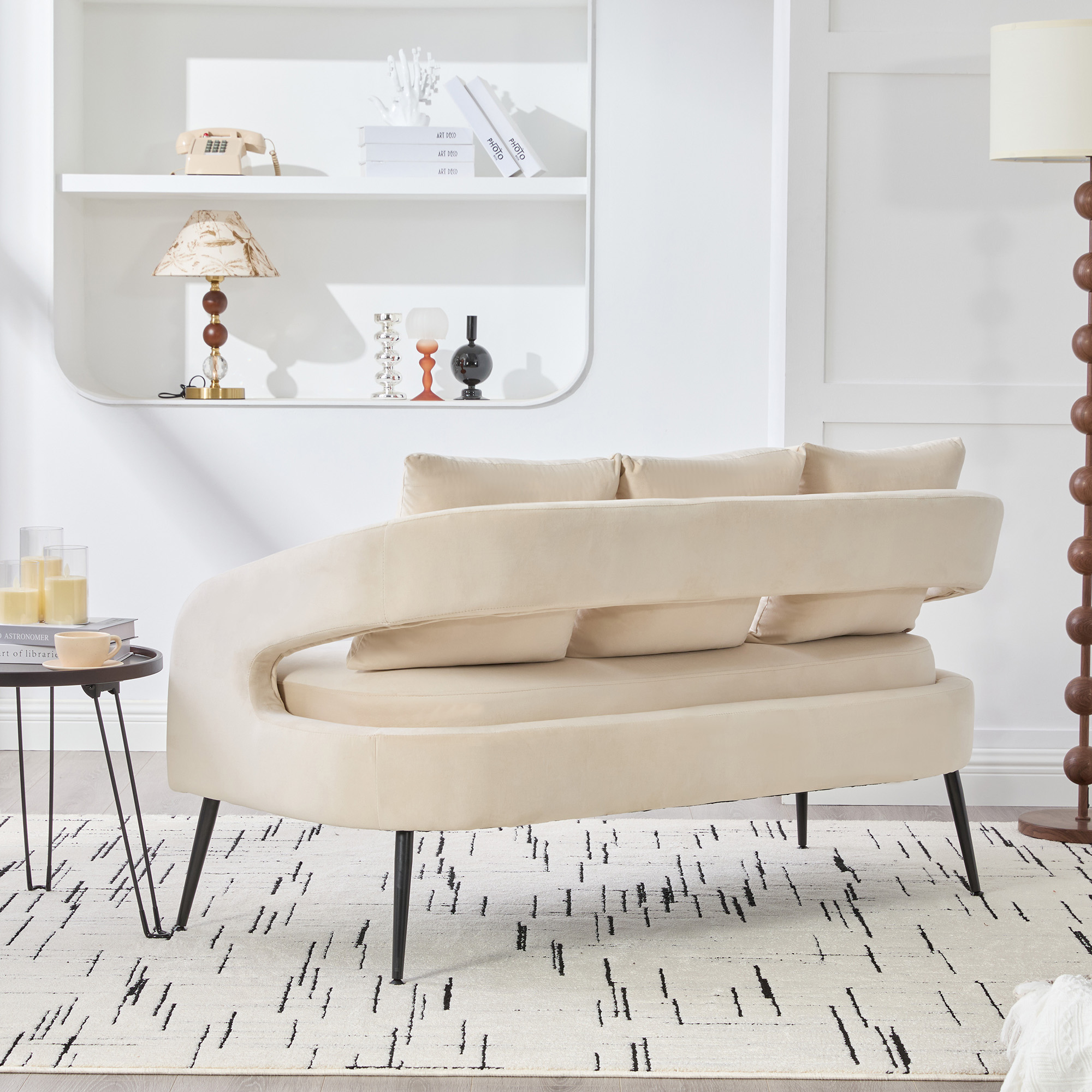 53.7"Modern Upholstered Velvet Open Back Loveseat Settee with 3 Pillows, Small Comfy Sofa 2-Seater Mini Sofa for Small Space with Metal Legs, Living Room Bedroom Office Dorm Studio Apartment, Beige - Image 5
