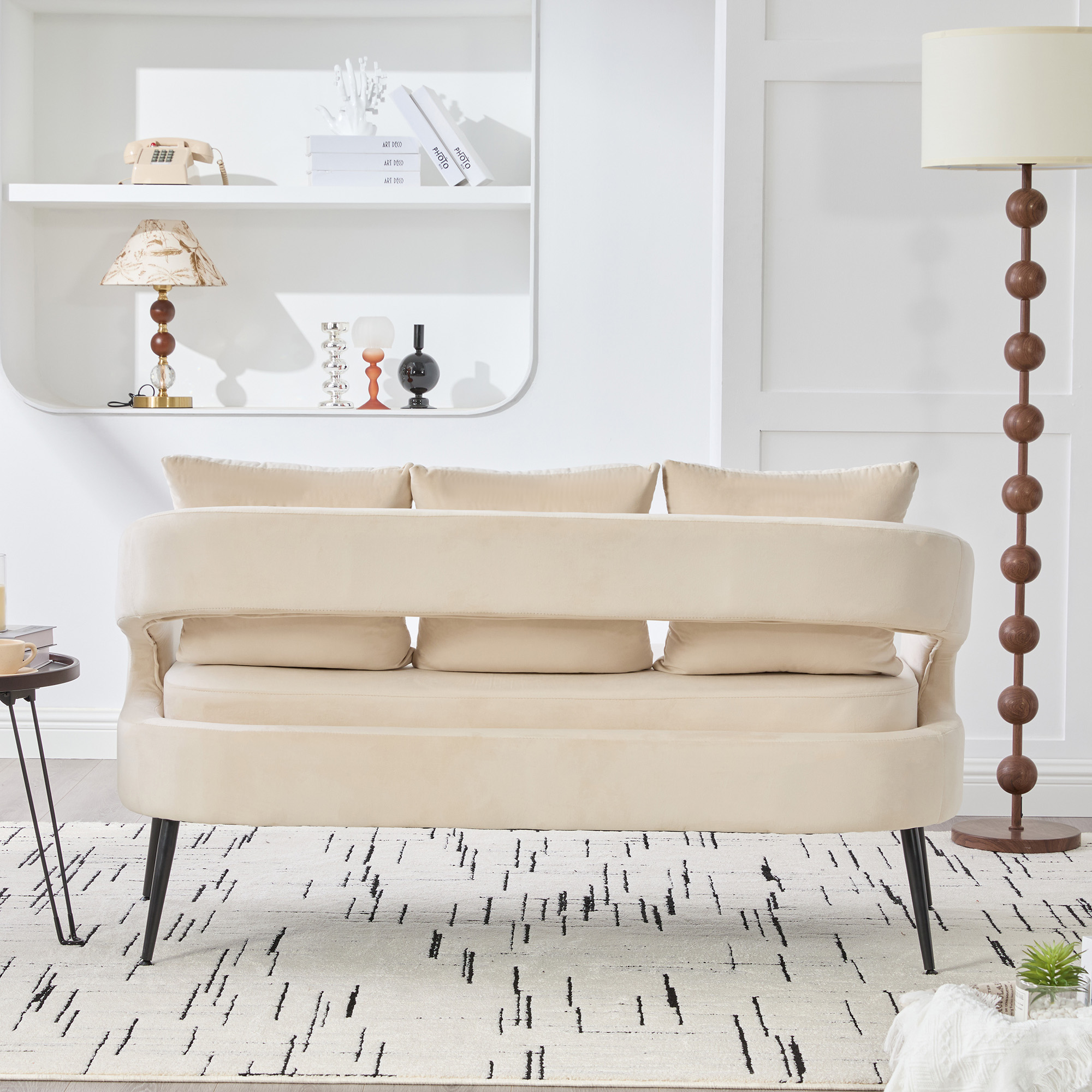 53.7"Modern Upholstered Velvet Open Back Loveseat Settee with 3 Pillows, Small Comfy Sofa 2-Seater Mini Sofa for Small Space with Metal Legs, Living Room Bedroom Office Dorm Studio Apartment, Beige - Image 6