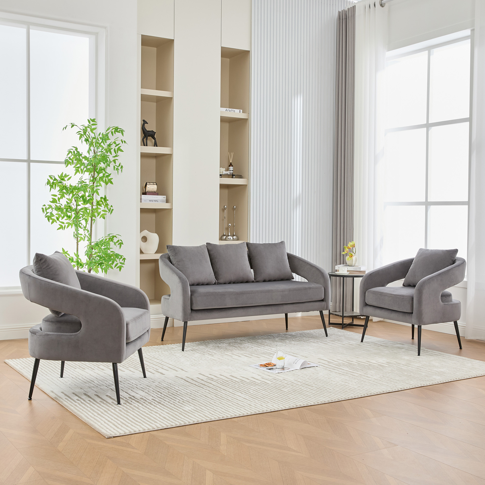 3-Piece Upholstered Velvet Small Living Room Furniture Set with Metal Legs, Open Back Conversation Set for Living Room/Bedroom/Balcony/Office/Reception/Apartment,Charcoal, Loveseat & 2 Accent Chair - Image 1
