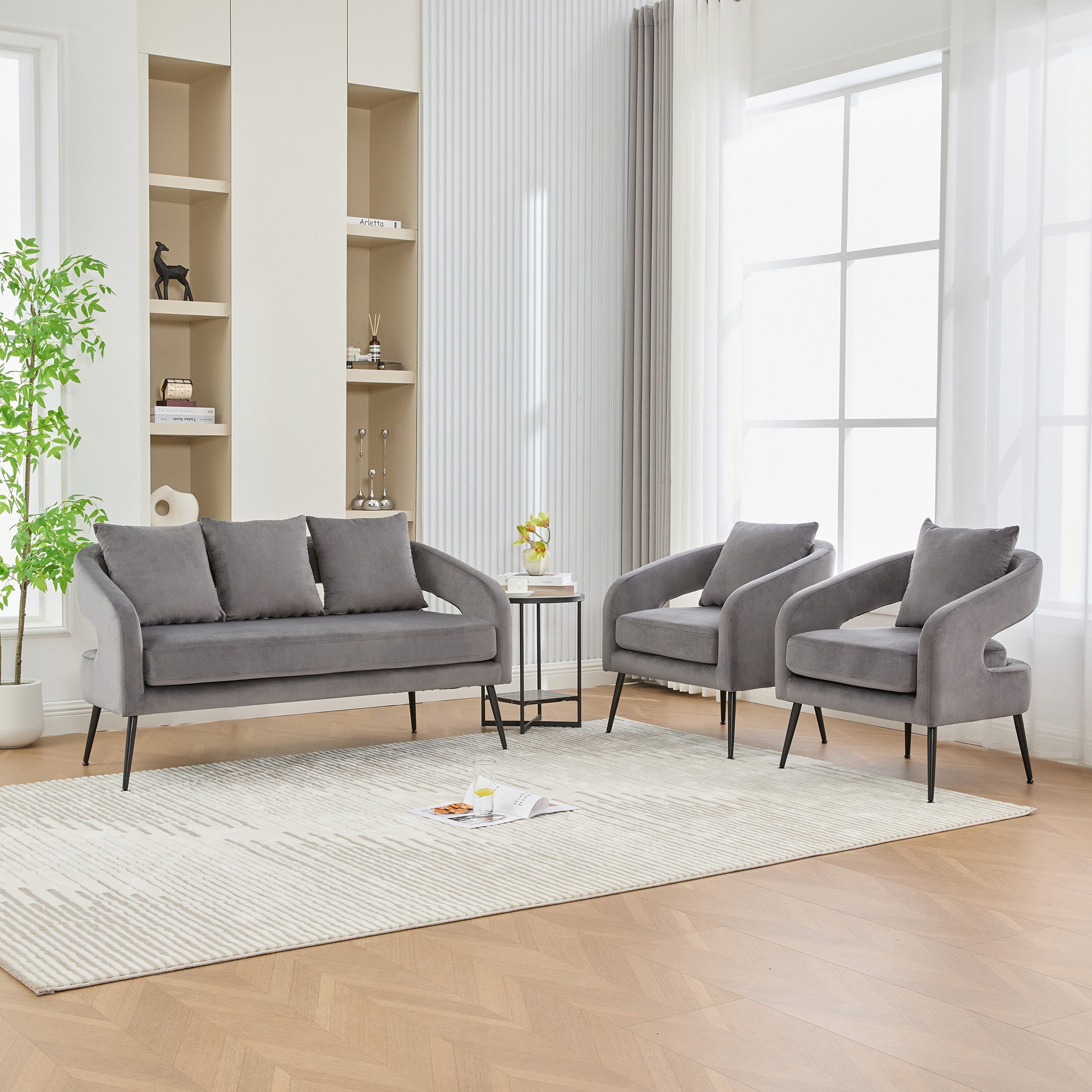 3-Piece Upholstered Velvet Small Living Room Furniture Set with Metal Legs, Open Back Conversation Set for Living Room/Bedroom/Balcony/Office/Reception/Apartment,Charcoal, Loveseat & 2 Accent Chair - Image 2