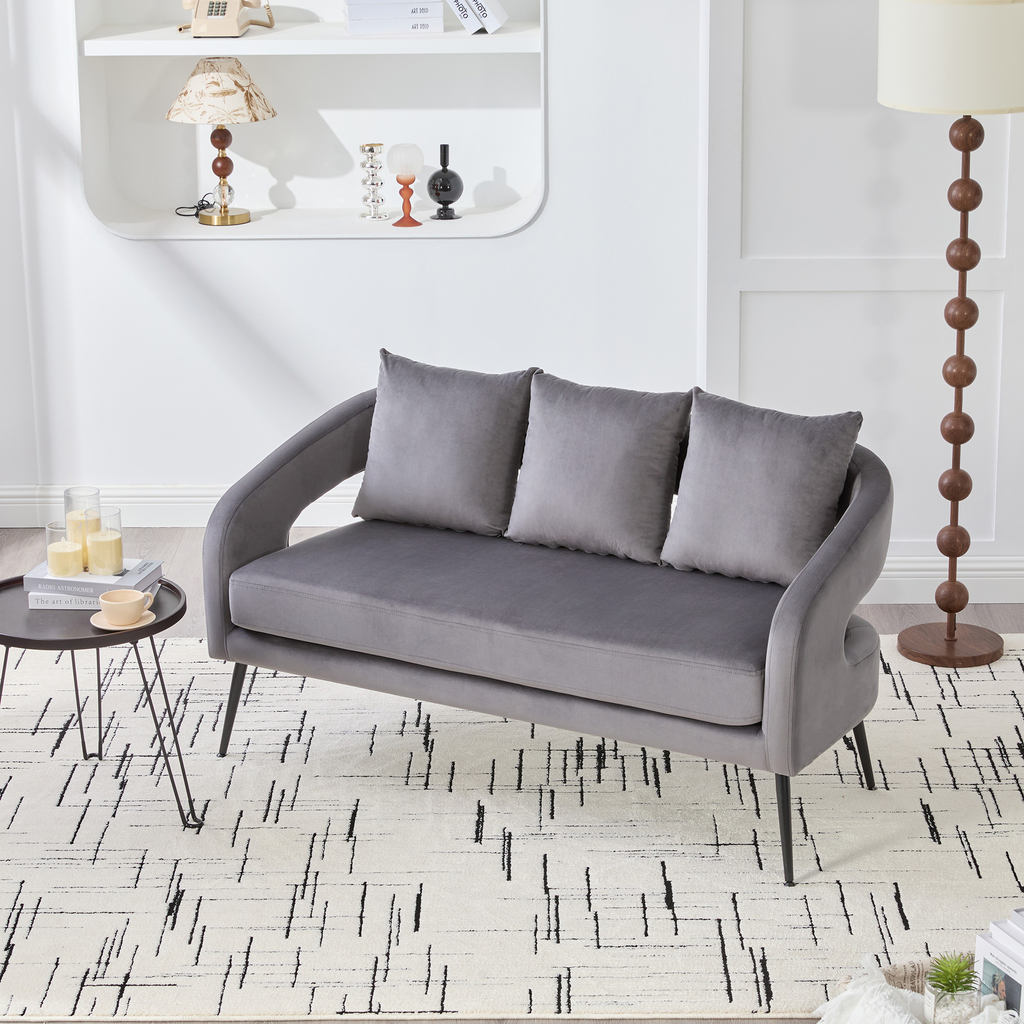 53.7"Modern Upholstered Velvet Open Back Loveseat Settee with 3 Pillows, Small Comfy Sofa 2-Seater Mini Sofa for Small Space with Metal Legs, Living Room Bedroom Office Dorm Studio Apartment Charcoal - Image 3
