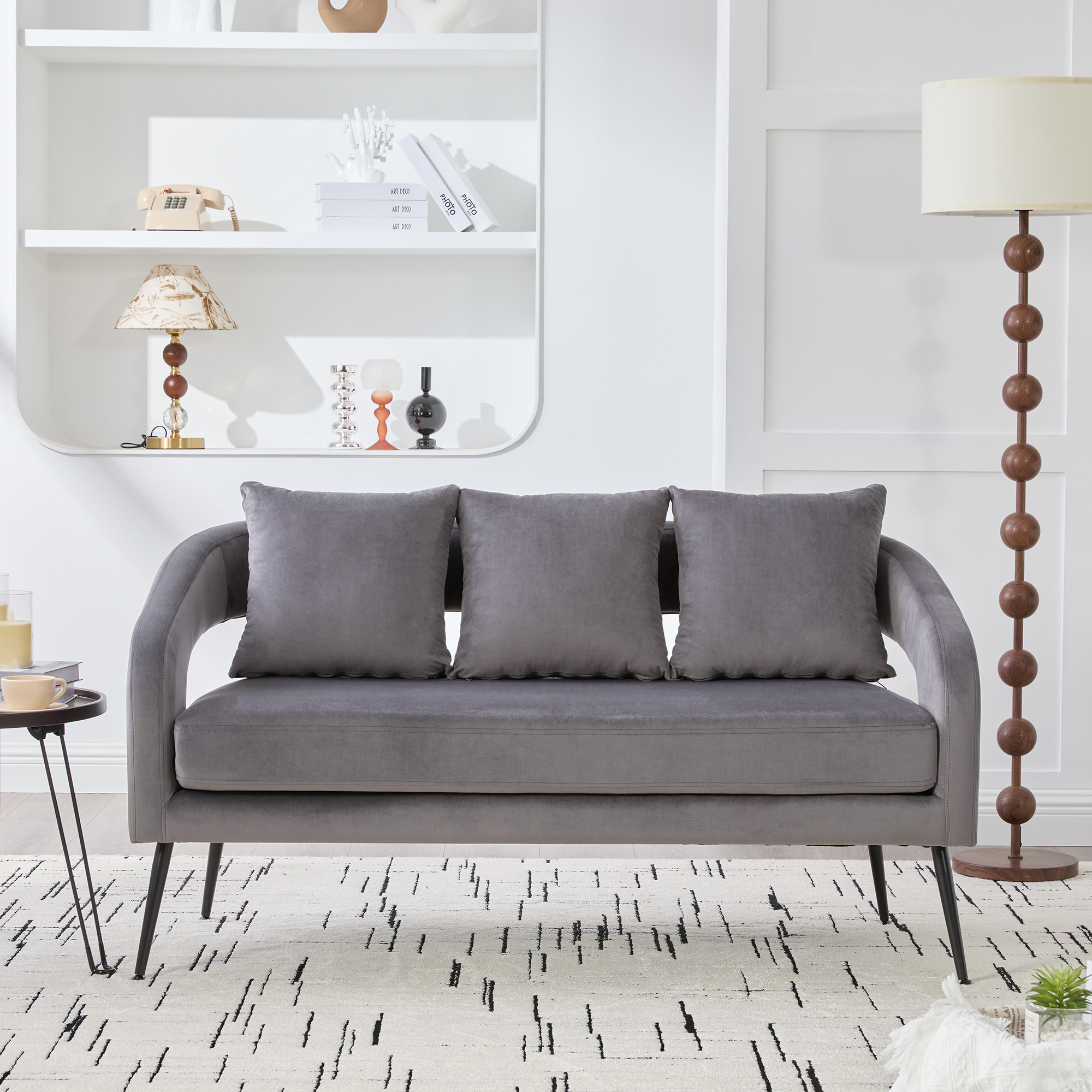 53.7"Modern Upholstered Velvet Open Back Loveseat Settee with 3 Pillows, Small Comfy Sofa 2-Seater Mini Sofa for Small Space with Metal Legs, Living Room Bedroom Office Dorm Studio Apartment Charcoal - Image 2