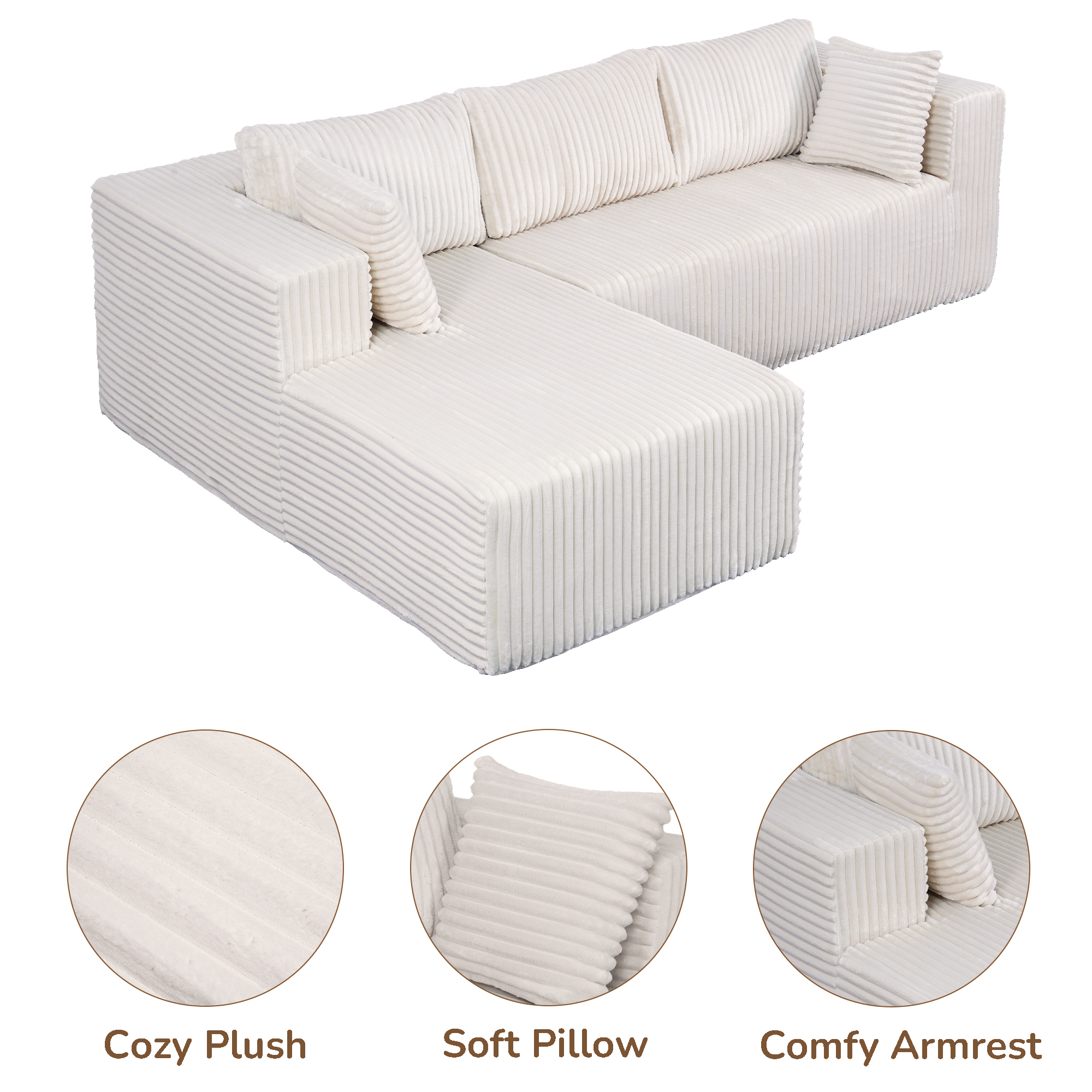 105" L-Shaped Modular Compression Sofa, Plush Upholstery, All-Foam Structure (No Springs),Vacuum-Packed, Space-Saving for Living Room, Bedroom, Apartment (Right Chaise) - Image 4