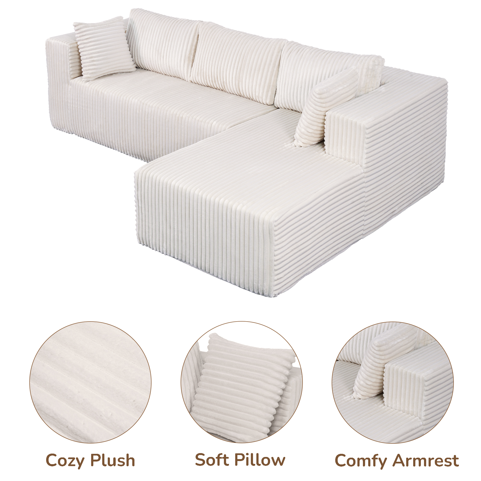 105" L-Shaped Modular Compression Sofa, Plush Upholstery, All-Foam Structure (No Springs), Vacuum-Packed, Space-Saving for Living Room, Bedroom, Apartment (Left Chaise) - Image 4