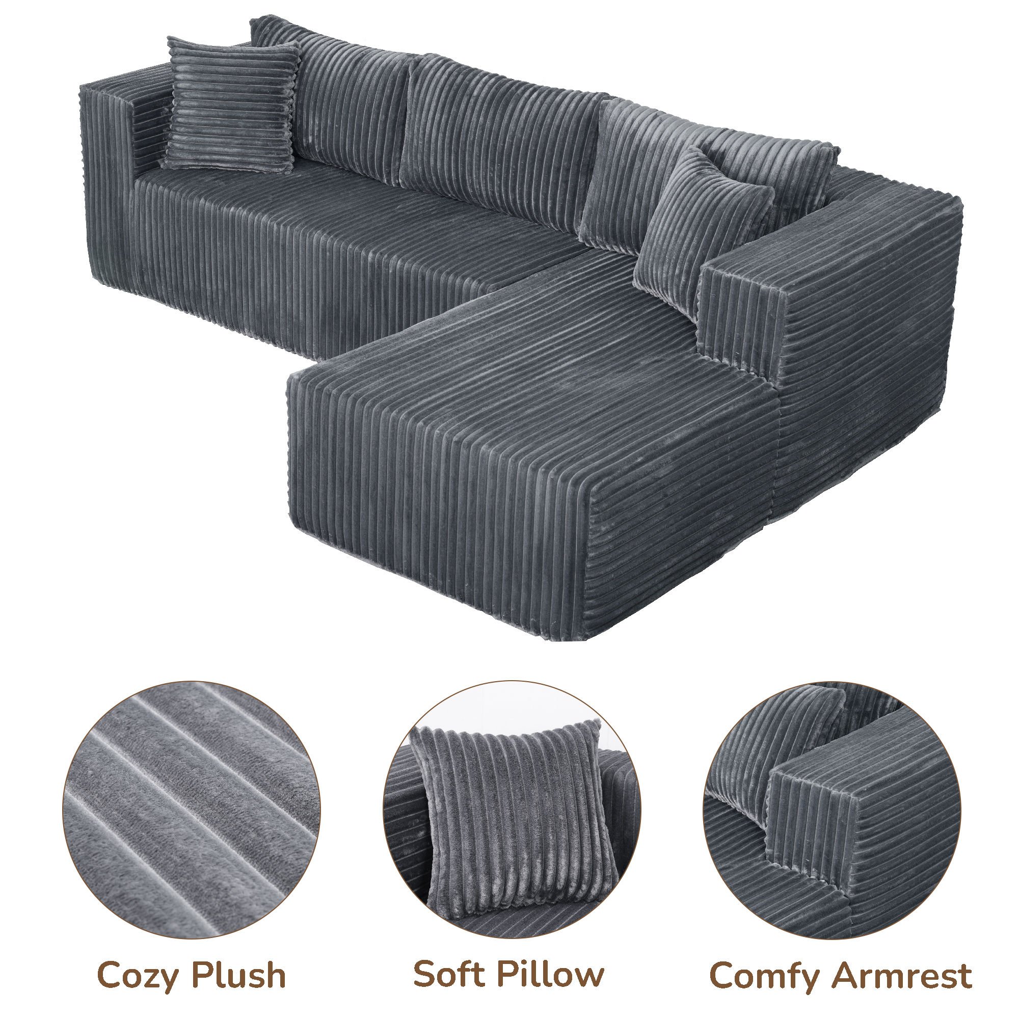 105" L-Shaped Modular Compression Sofa, Plush Upholstery, All-Foam Structure (No Springs), Vacuum-Packed, Space-Saving for Living Room, Bedroom, Apartment (Left Chaise) - Image 5