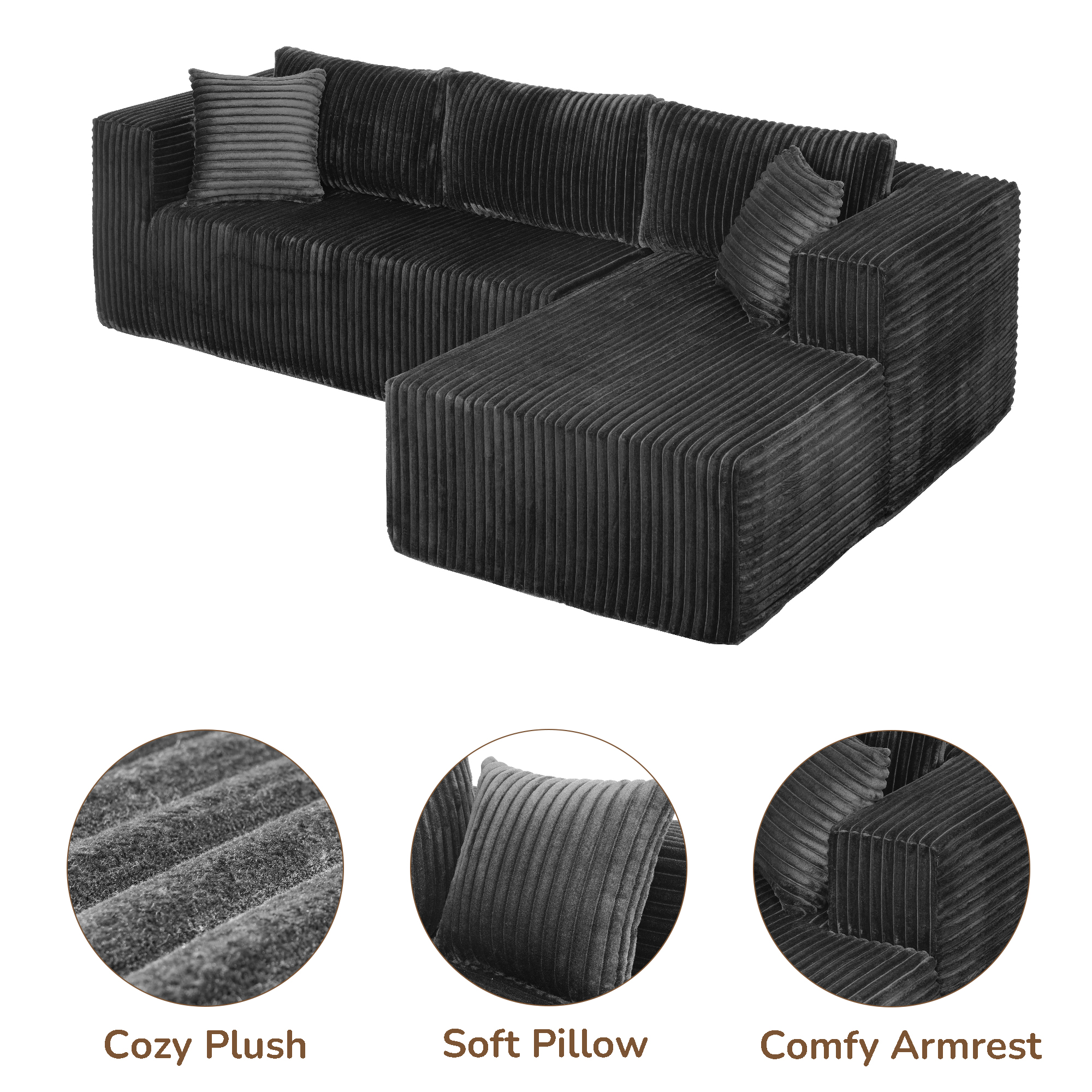 105" L-Shaped Modular Compression Sofa, Plush Upholstery, All-Foam Structure (No Springs), Vacuum-Packed, Space-Saving for Living Room, Bedroom, Apartment (Left Chaise) - Image 4