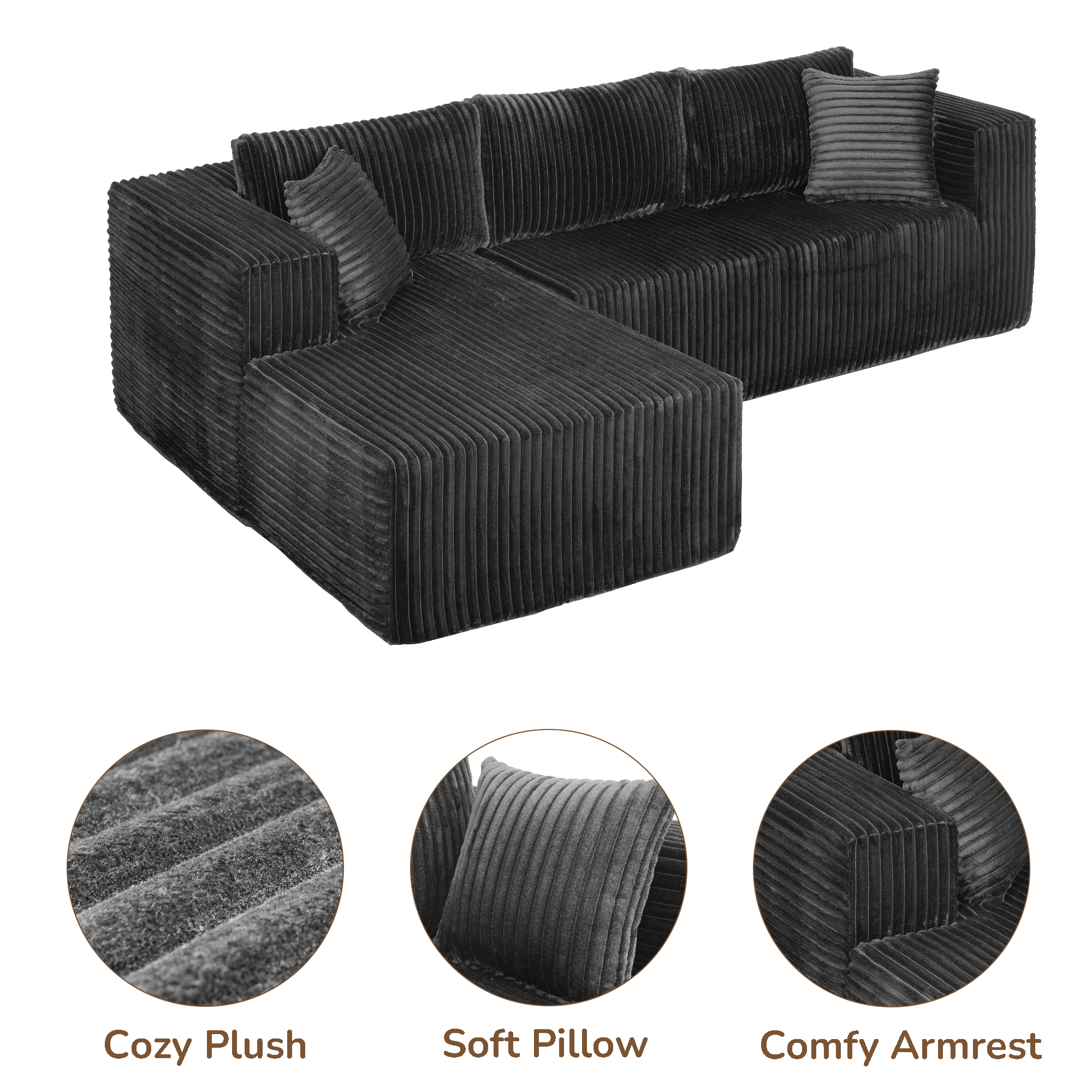 105" L-Shaped Modular Compression Sofa, Plush Upholstery, All-Foam Structure (No Springs), Vacuum-Packed, Space-Saving for Living Room, Bedroom, Apartment (Right Chaise) - Image 4