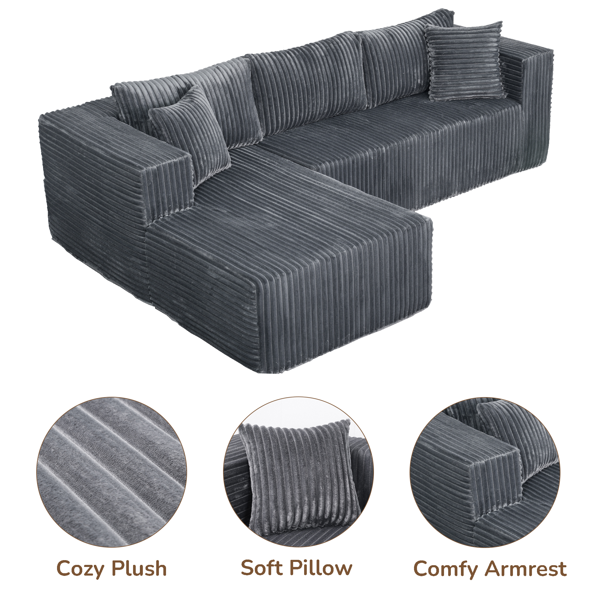 105" L-Shaped Modular Compression Sofa, Plush Upholstery, All-Foam Structure (No Springs), Vacuum-Packed, Space-Saving for Living Room, Bedroom, Apartment (Right Chaise) - Image 4