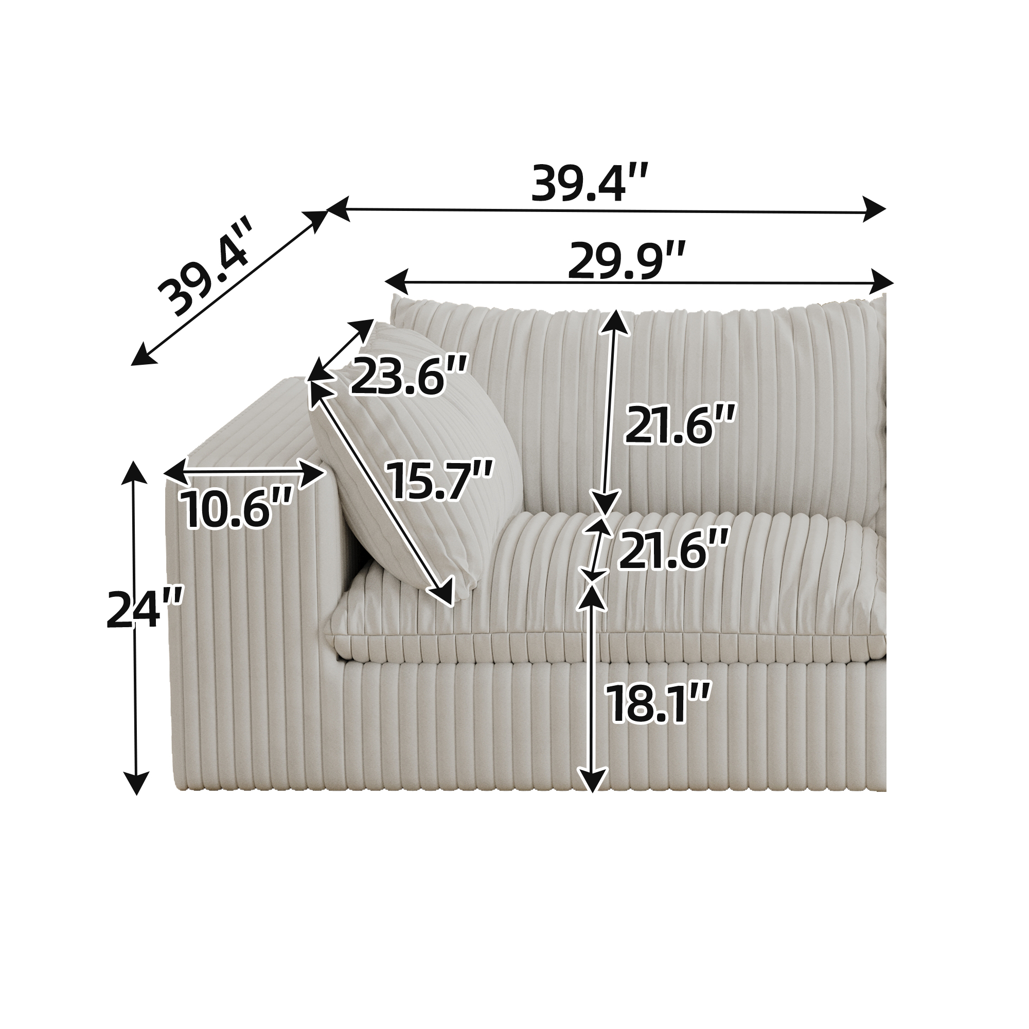 Cloud Sofa,Corduroy Fabric,Deep Seat Couches,Double-layer design,Removable Cushion,No Assembly, DIY Combination for Living room, Bedroom,Conference room ,Apartment,White - Image 6