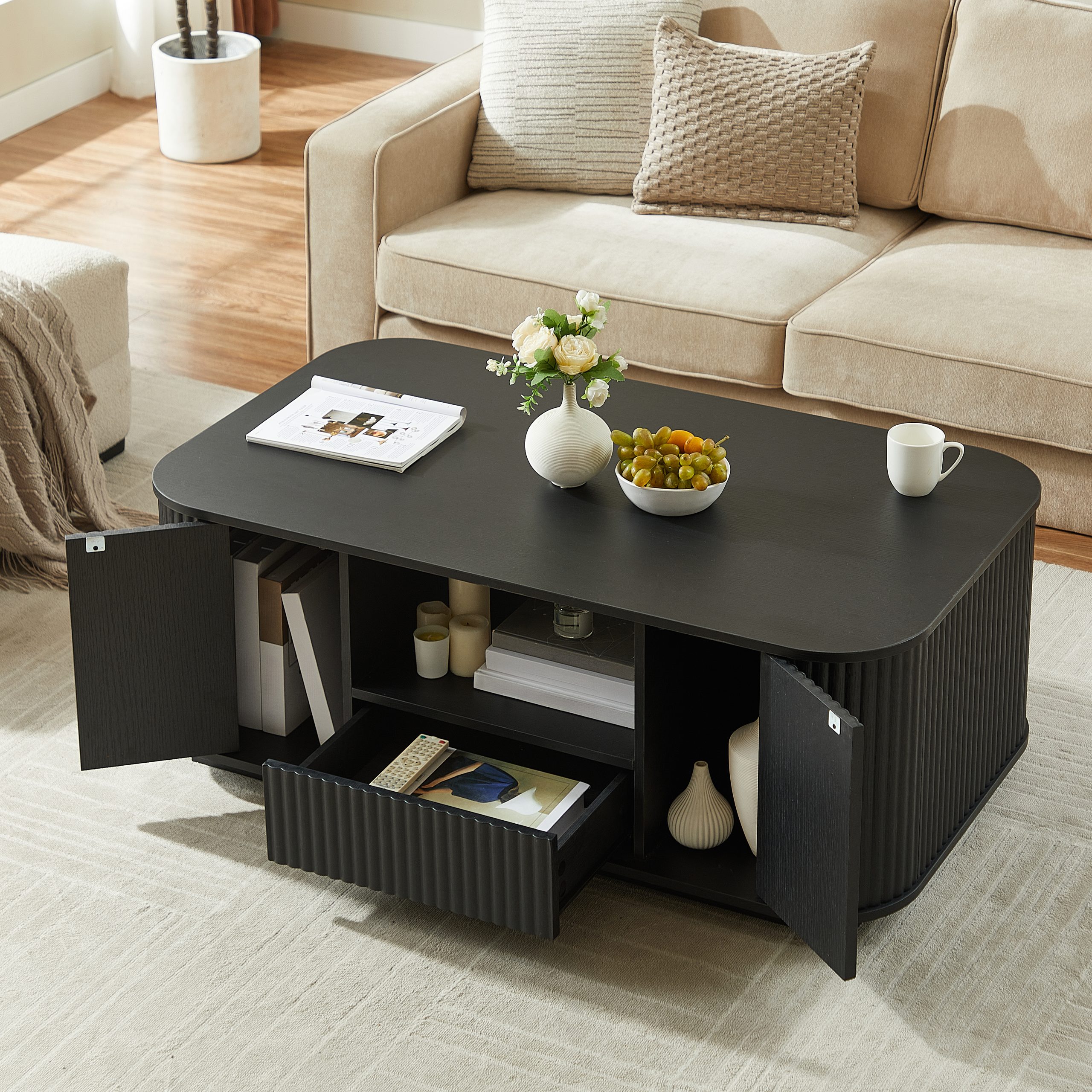 46.5"modern luxury oval coffee table with drawers and storage compartments, curved contour design, living room center coffee table, suitable for living rooms and offices, Black, 46.5"L*27.2"W*17.7"H - Image 2