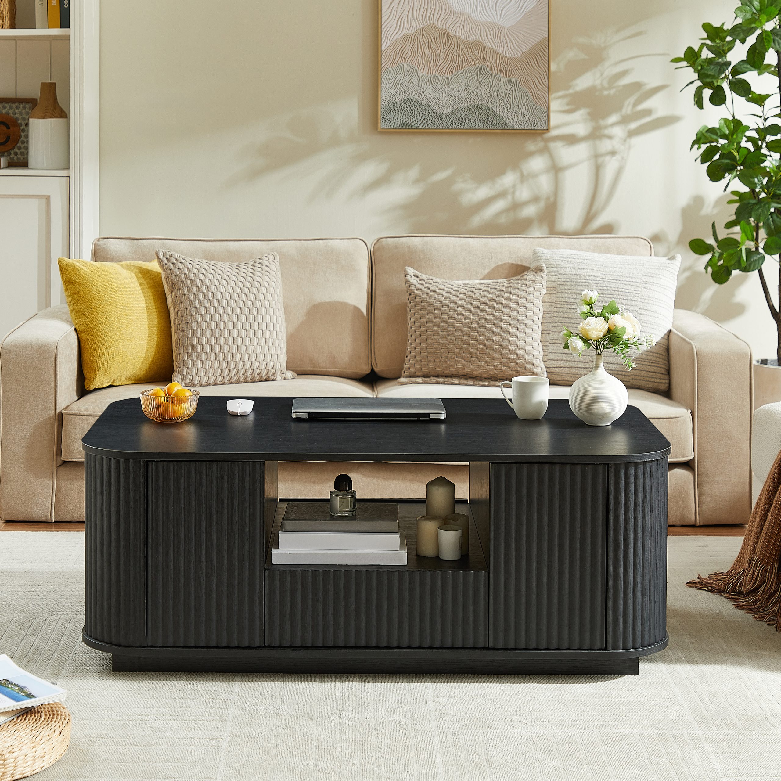 46.5"modern luxury oval coffee table with drawers and storage compartments, curved contour design, living room center coffee table, suitable for living rooms and offices, Black, 46.5"L*27.2"W*17.7"H - Image 3