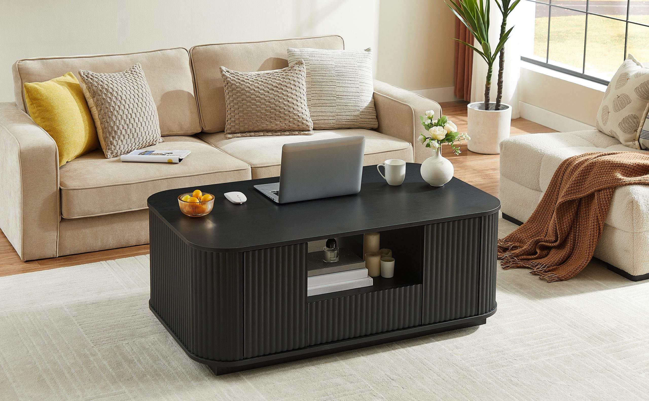 46.5"modern luxury oval coffee table with drawers and storage compartments, curved contour design, living room center coffee table, suitable for living rooms and offices, Black, 46.5"L*27.2"W*17.7"H - Image 4