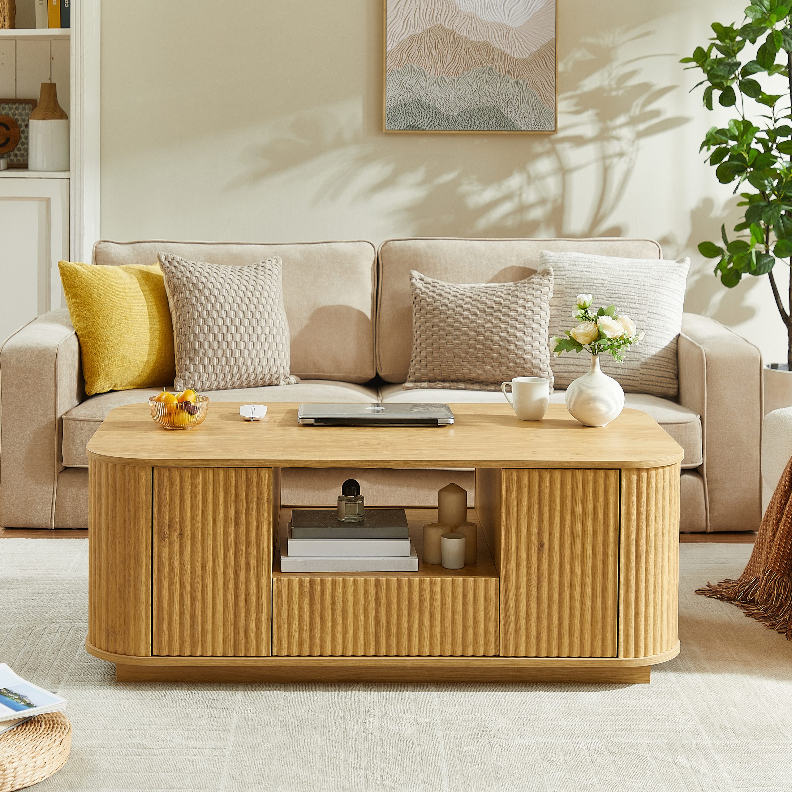 46.5"modern luxury oval coffee table with drawers and storage compartments, curved contour design, living room center coffee table, suitable for living rooms and offices, Natural, 46.5"L*27.2"W*17.7"H - Image 2