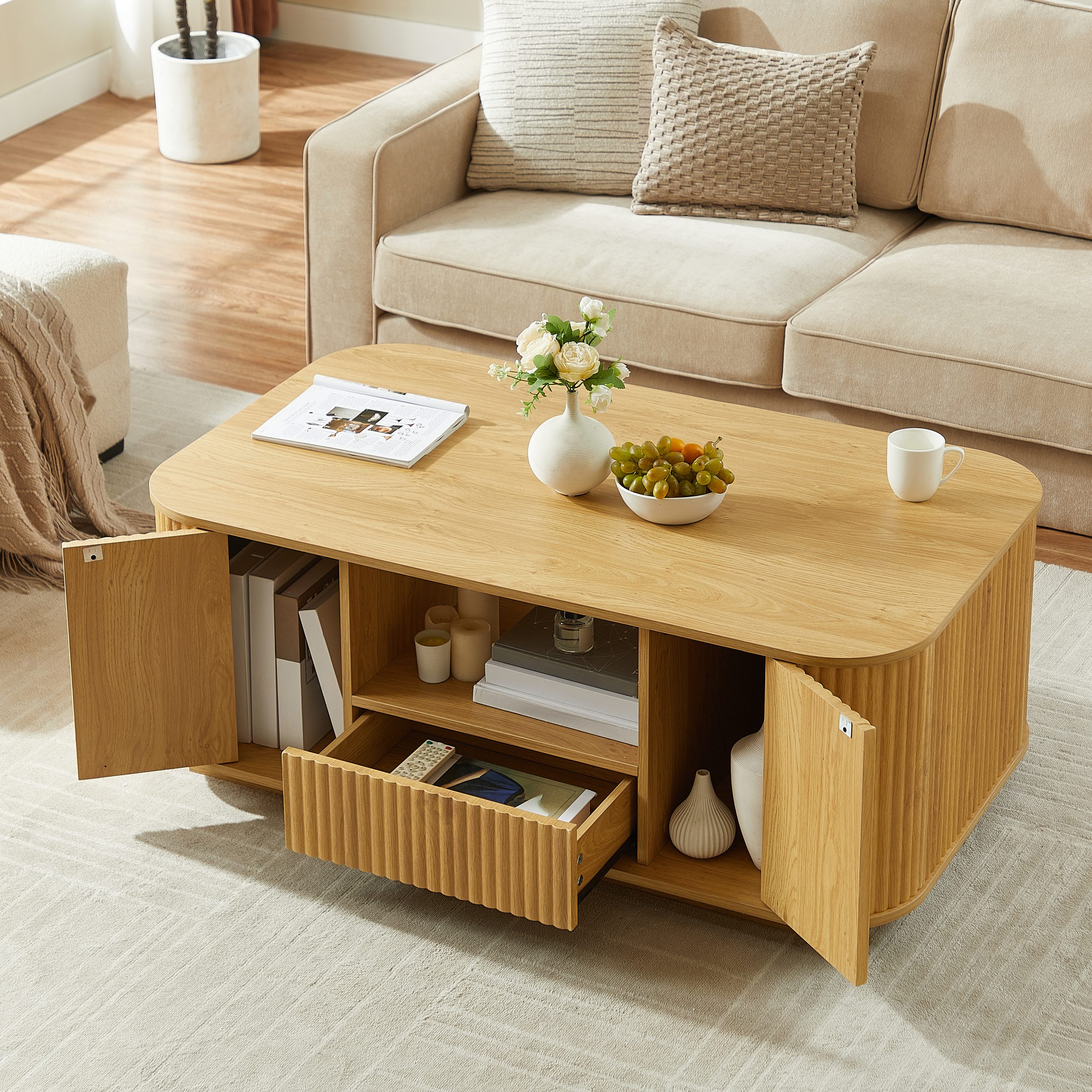 46.5"modern luxury oval coffee table with drawers and storage compartments, curved contour design, living room center coffee table, suitable for living rooms and offices, Natural, 46.5"L*27.2"W*17.7"H - Image 3