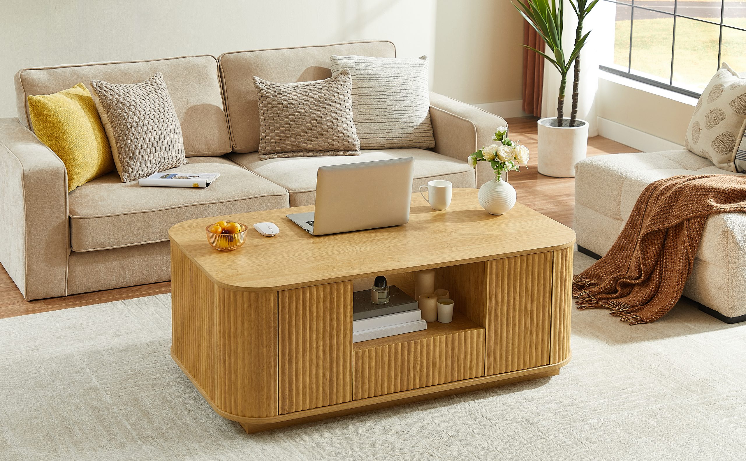 46.5"modern luxury oval coffee table with drawers and storage compartments, curved contour design, living room center coffee table, suitable for living rooms and offices, Natural, 46.5"L*27.2"W*17.7"H - Image 4