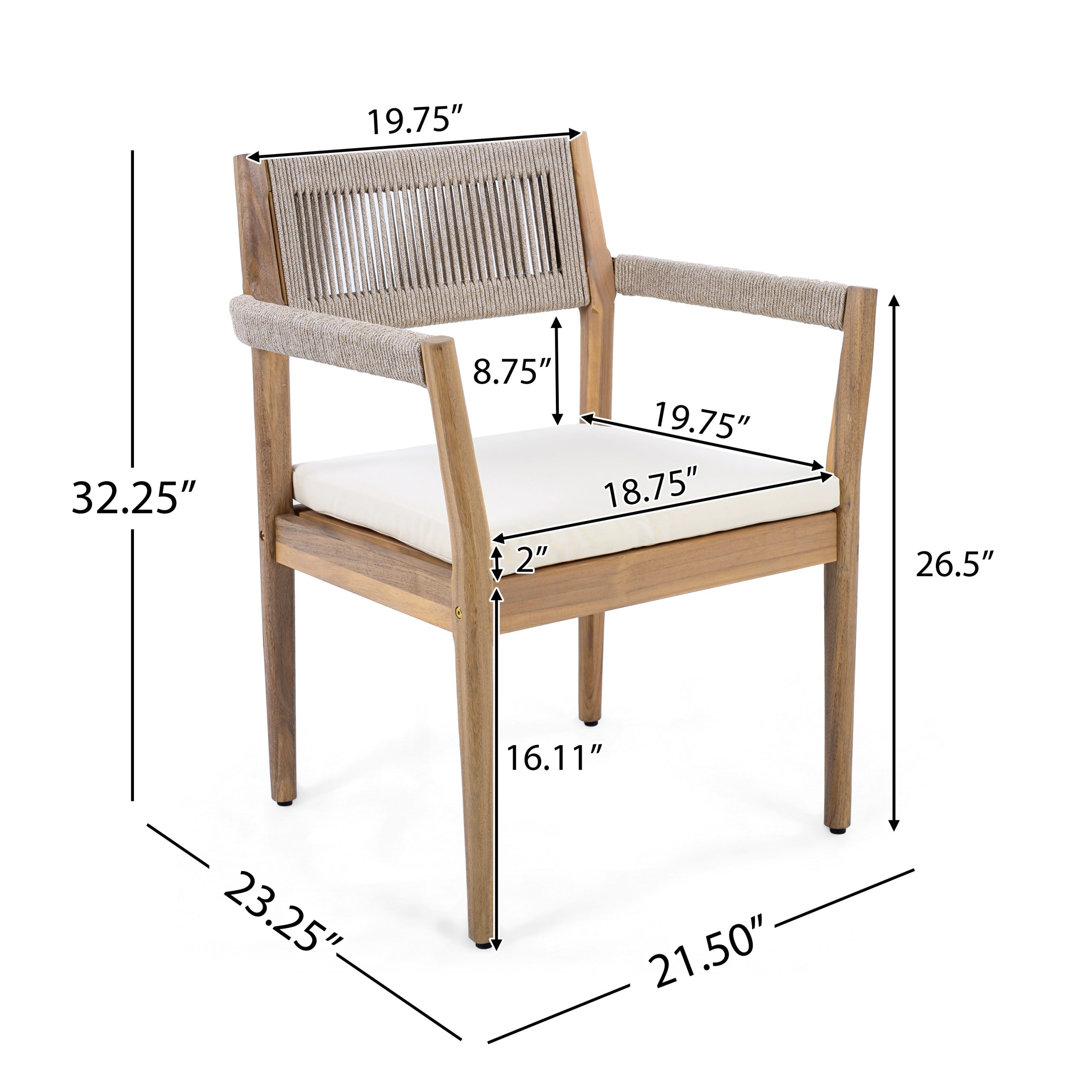 Braided Acacia Wood Outdoor Dining Chairs Set of 6 – Teak Look with Beige Rope & Cream Cushions, Armrests – All-Weather Patio Furniture for Garden, Poolside, and Backyard (Durable & Stylish) - Image 2