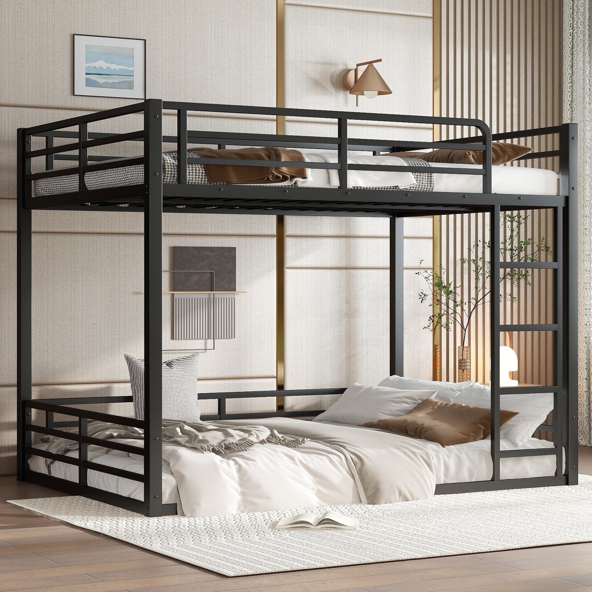 Metal Bunk Bed, Full XL over Full XL Floor Bunk Bed Frame,Heavy-Duty Bunk Bed for Kids, Teens, Adults, Noise-reduced Design, Black - Image 1