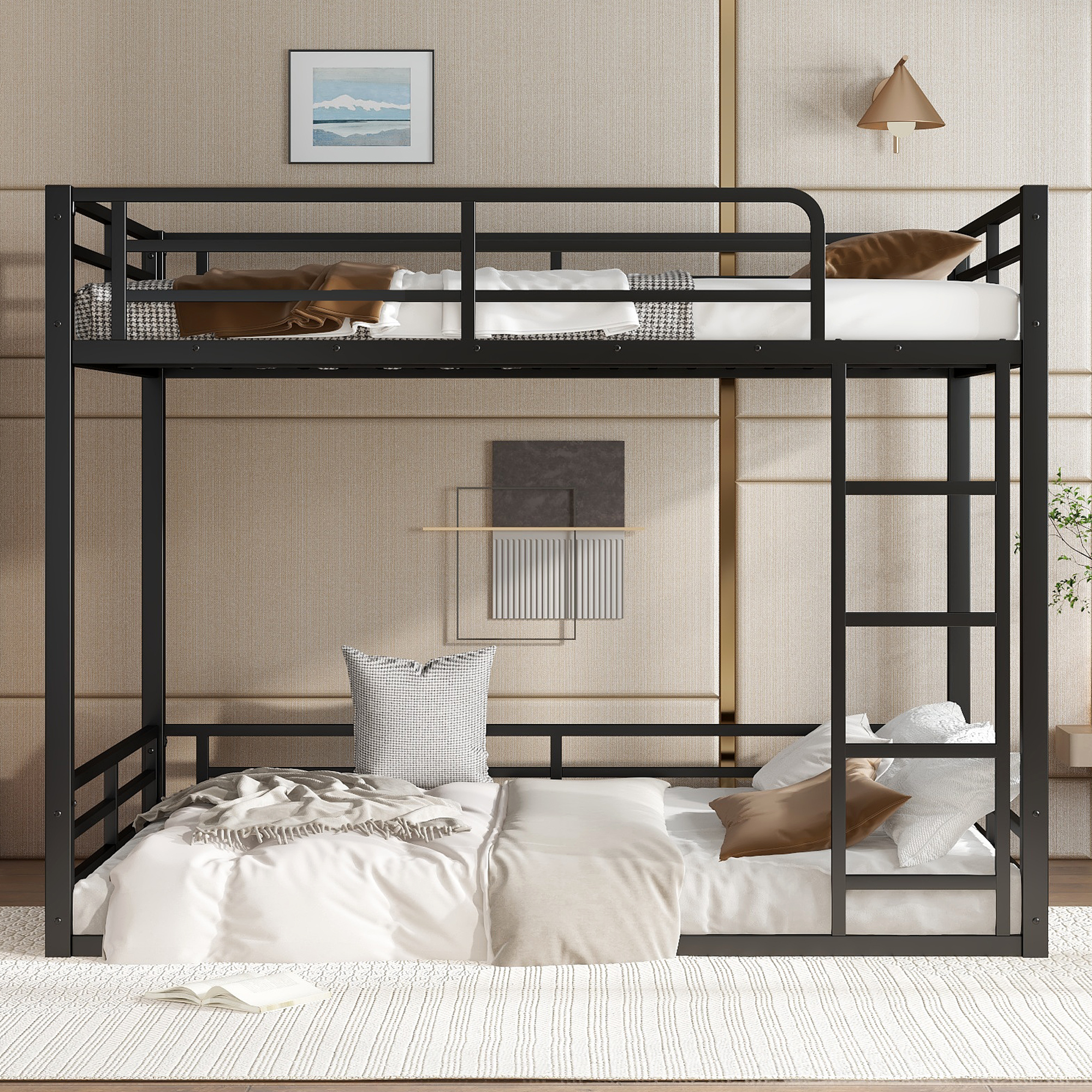 Metal Bunk Bed, Full XL over Full XL Floor Bunk Bed Frame,Heavy-Duty Bunk Bed for Kids, Teens, Adults, Noise-reduced Design, Black - Image 2