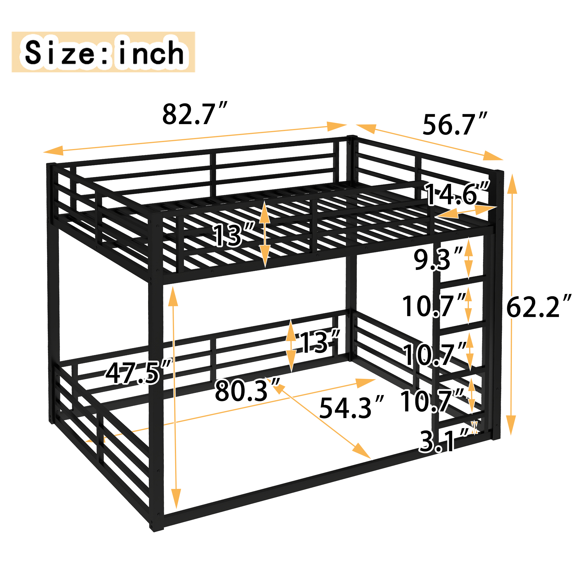 Metal Bunk Bed, Full XL over Full XL Floor Bunk Bed Frame,Heavy-Duty Bunk Bed for Kids, Teens, Adults, Noise-reduced Design, Black - Image 3