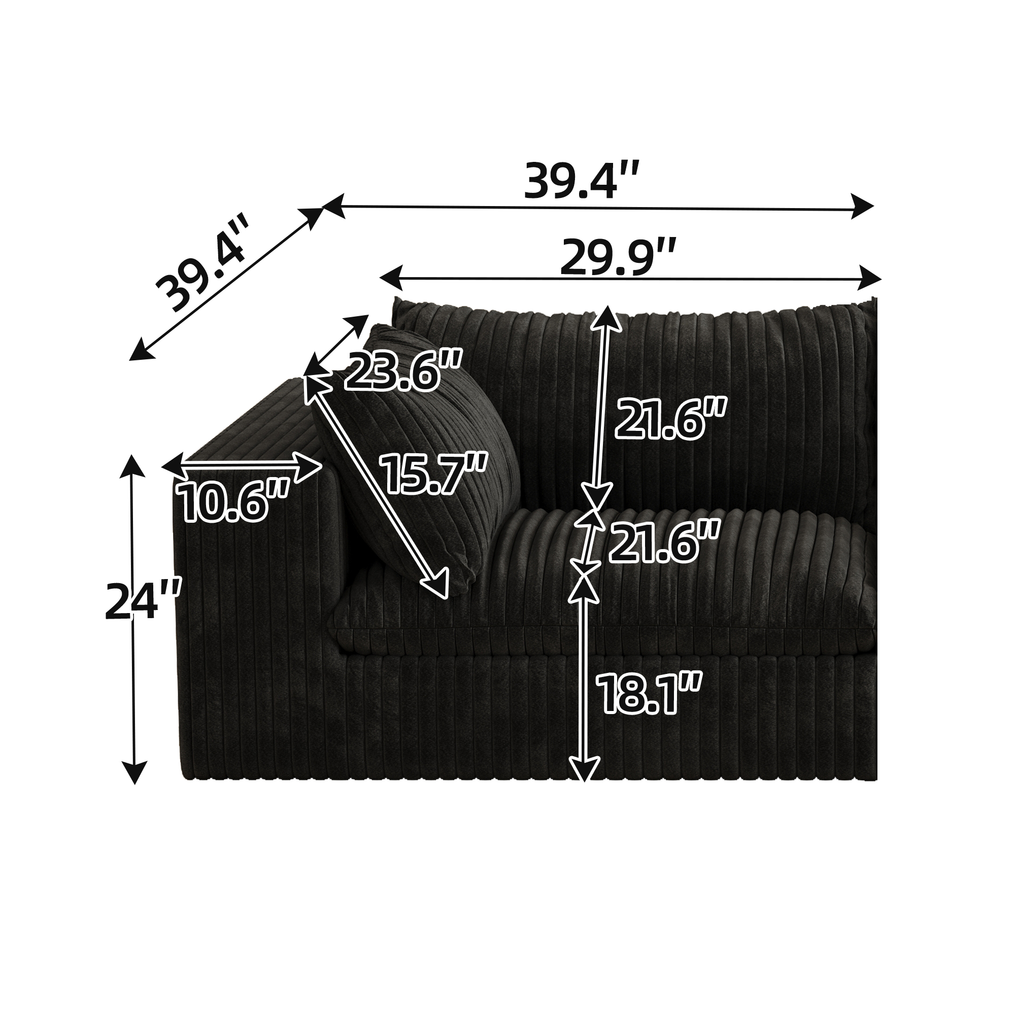 Cloud Sofa,Corduroy Fabric,Deep Seat Couches,Double-layer design,Removable Cushion,No Assembly, DIY Combination for Living room, Bedroom,Conference room ,Apartment,Black - Image 3
