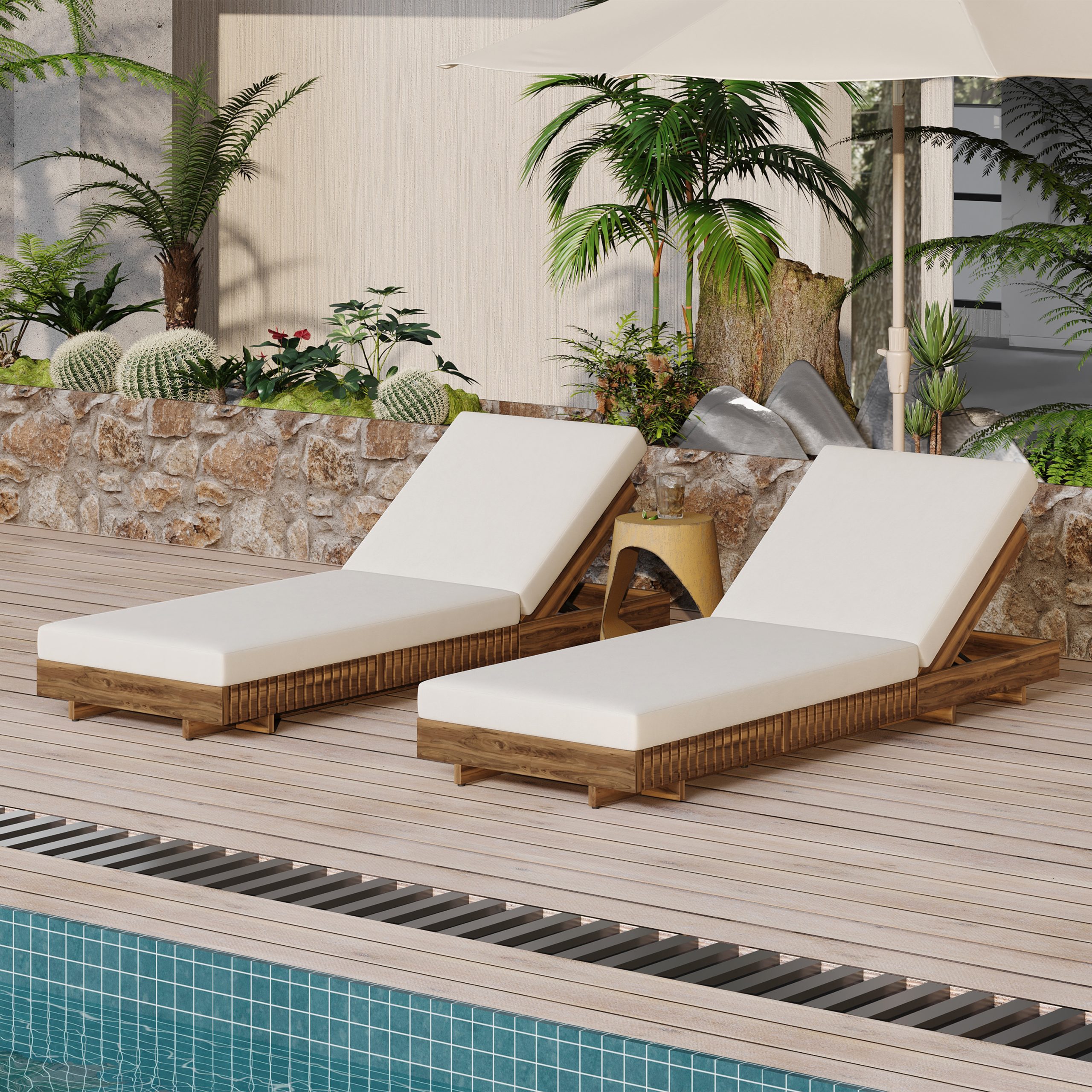 LOUNGE CHAISE SET, ACACIA SOLID WOOD WITH LOUNGE CUSHION (Cream) - Matching Dark Grey Version Available - Image 4