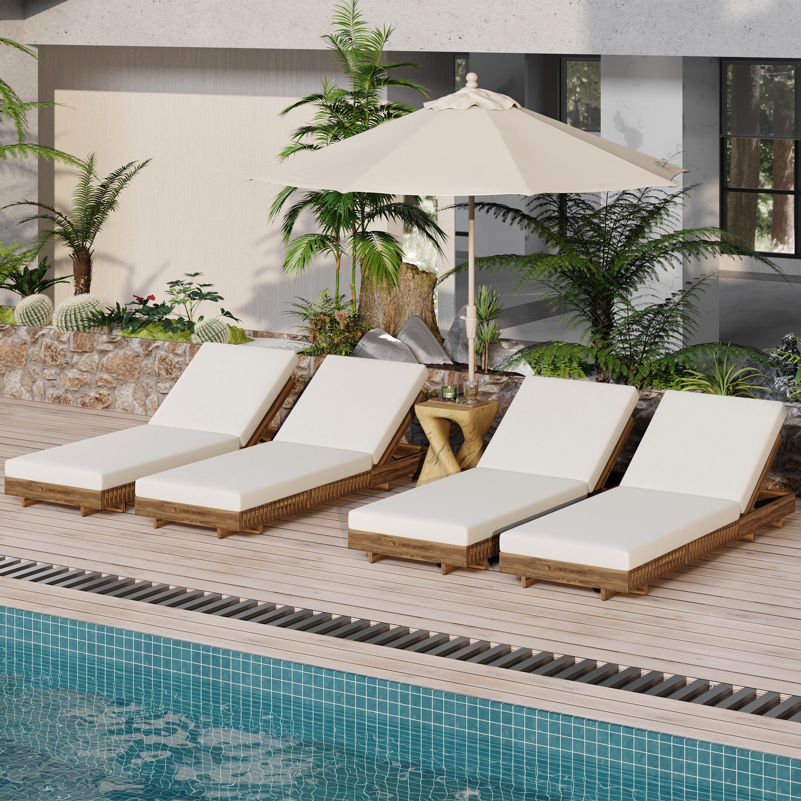 LOUNGE CHAISE SET, ACACIA SOLID WOOD WITH LOUNGE CUSHION (Cream) - Matching Dark Grey Version Available - Image 5