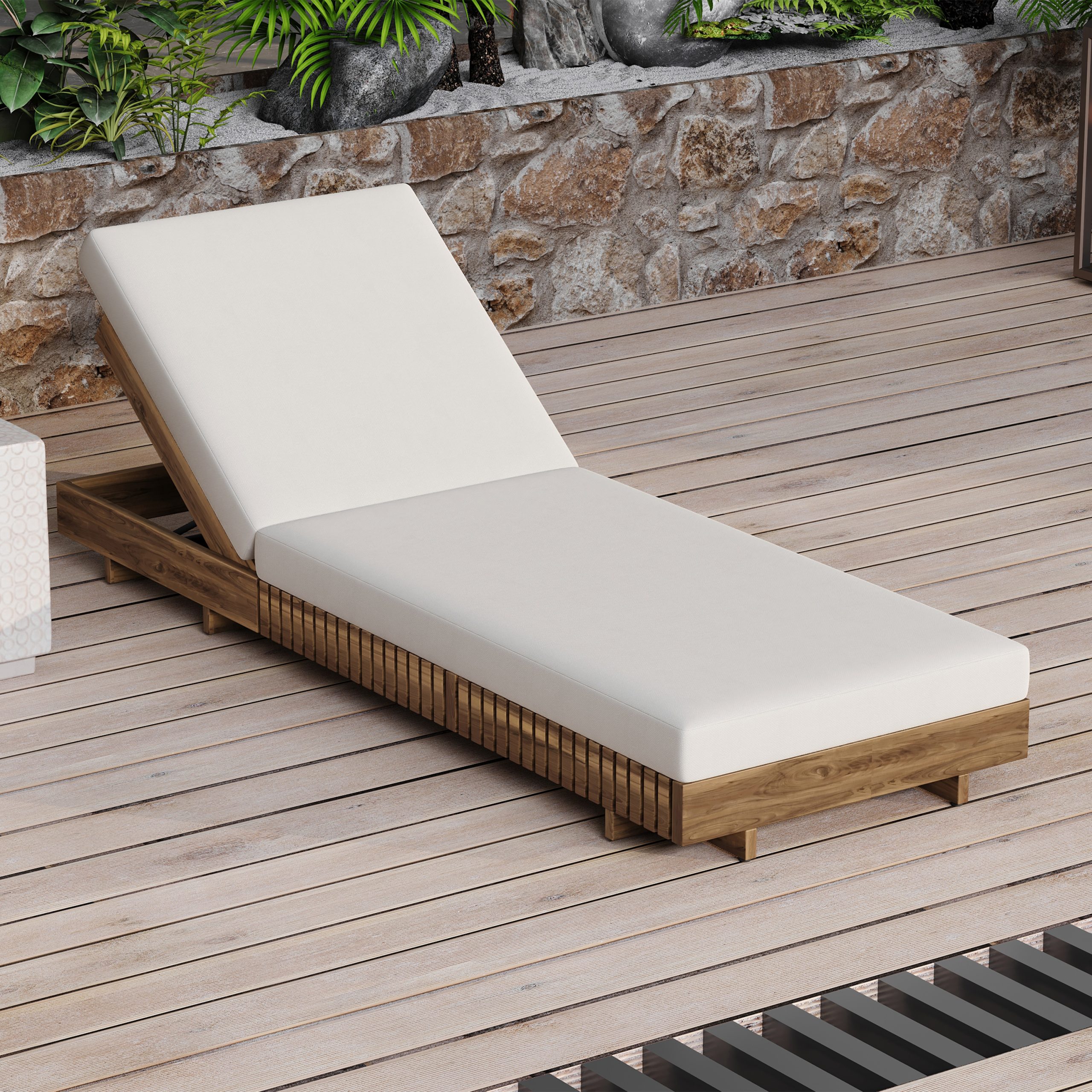 LOUNGE CHAISE SET, ACACIA SOLID WOOD WITH LOUNGE CUSHION (Cream) - Matching Dark Grey Version Available - Image 6