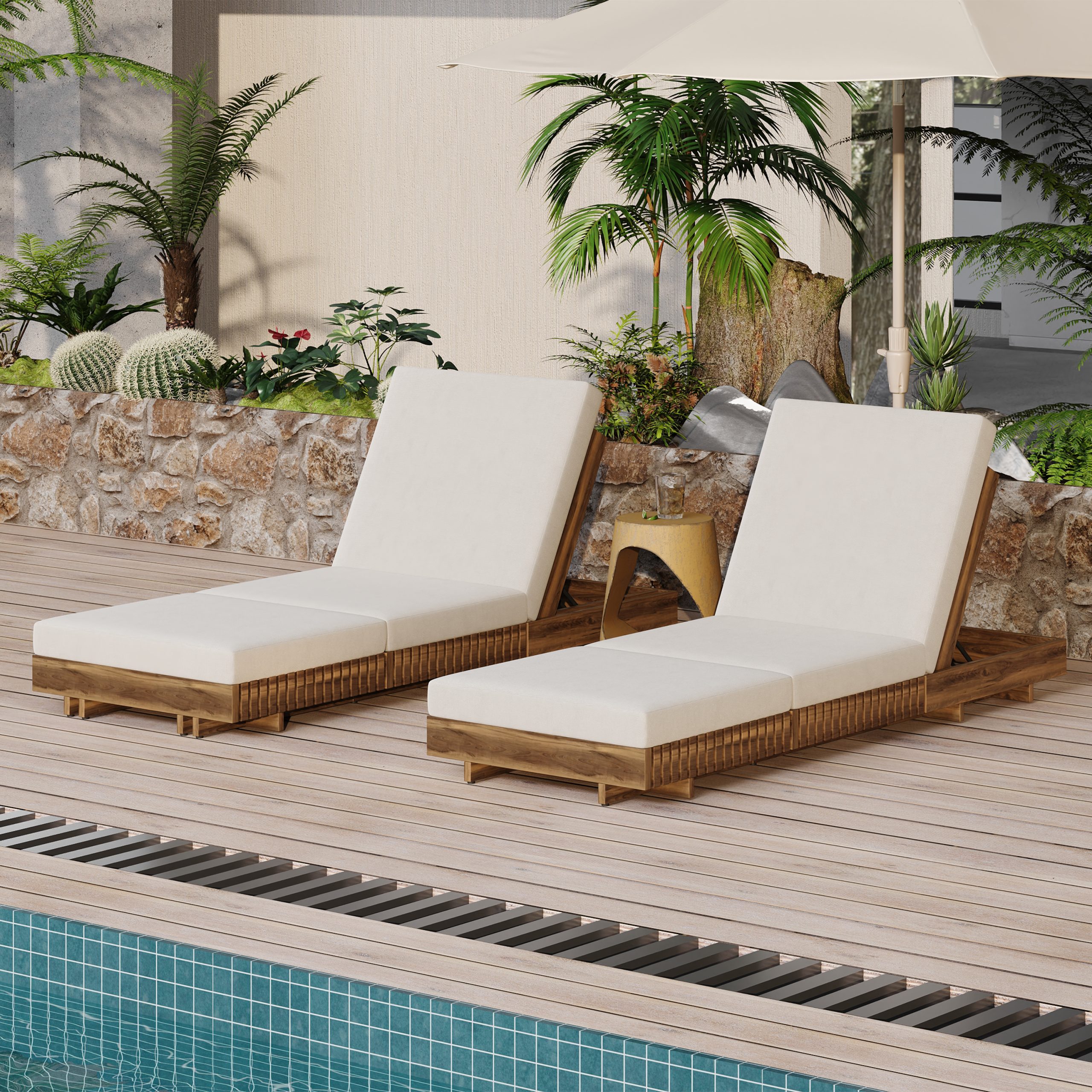 Lounge chaise Set, Acacia solid wood with LOUNGE CUSHION (Cream+TRIPLE FOLDS) - Matching Dark Grey Version Available - Image 4