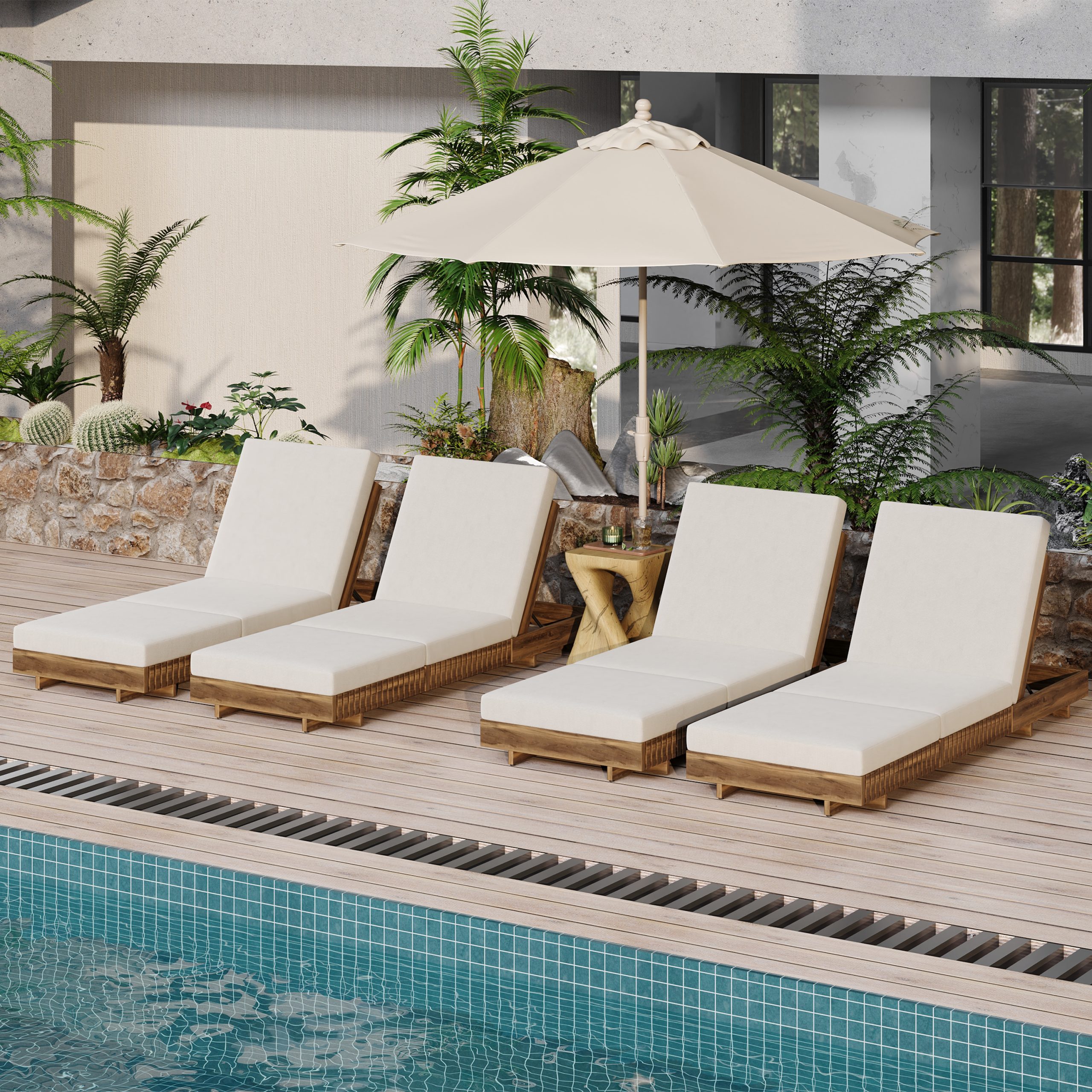 Lounge chaise Set, Acacia solid wood with LOUNGE CUSHION (Cream+TRIPLE FOLDS) - Matching Dark Grey Version Available - Image 5