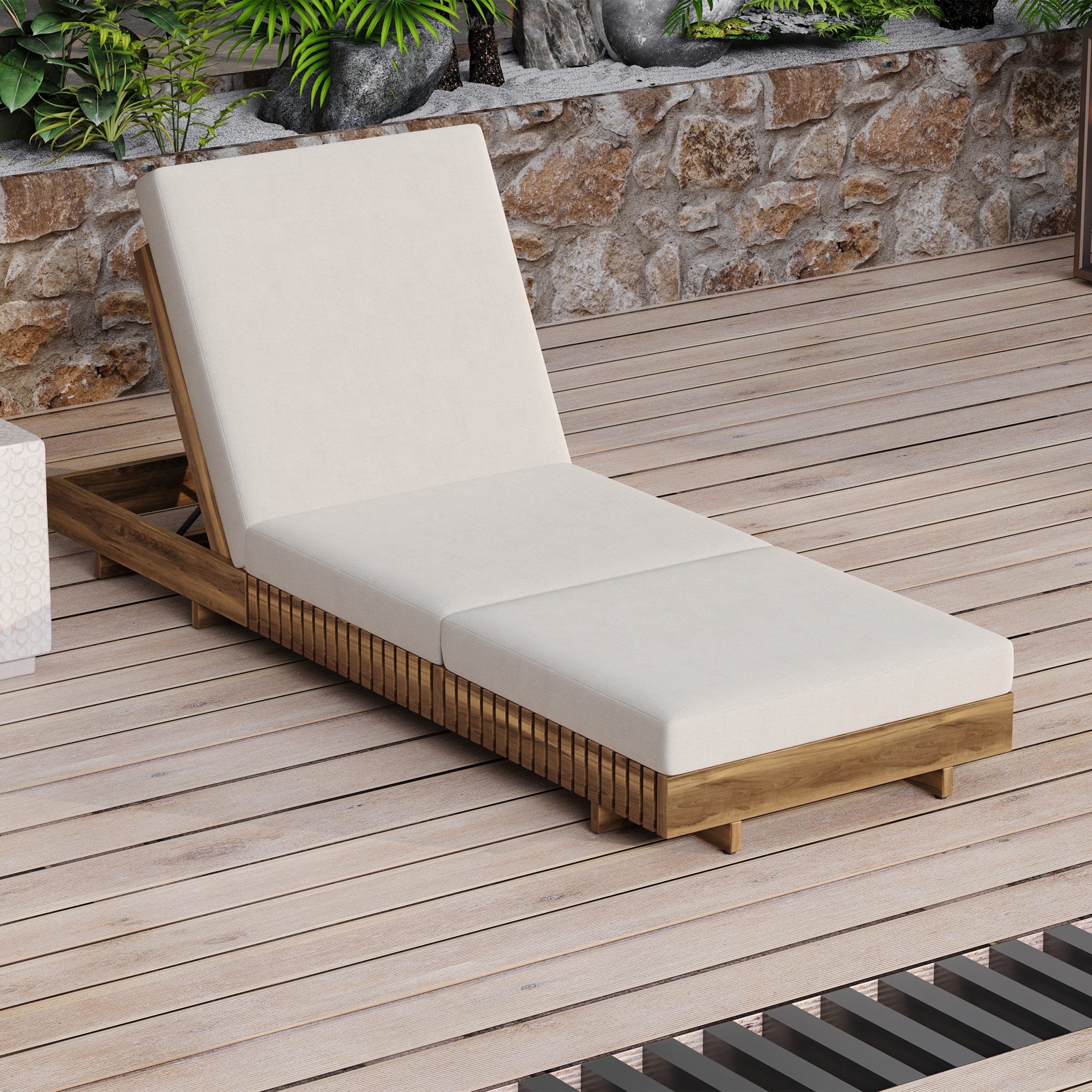 Lounge chaise Set, Acacia solid wood with LOUNGE CUSHION (Cream+TRIPLE FOLDS) - Matching Dark Grey Version Available - Image 6