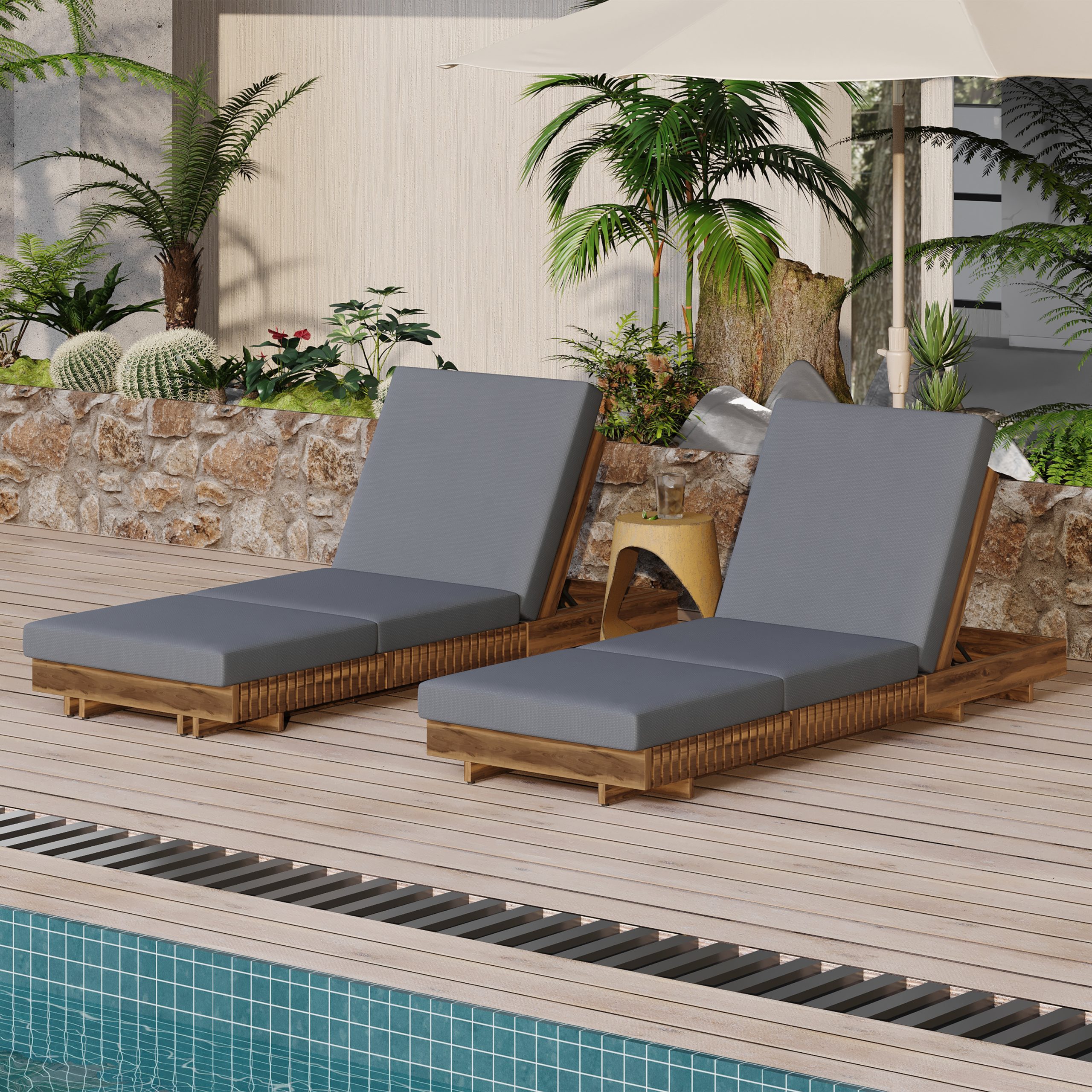 Lounge chaise Set, Acacia solid wood with LOUNGE CUSHION (Dark Grey+TRIPLE FOLDS) - Matching Cream Version Available - Image 4