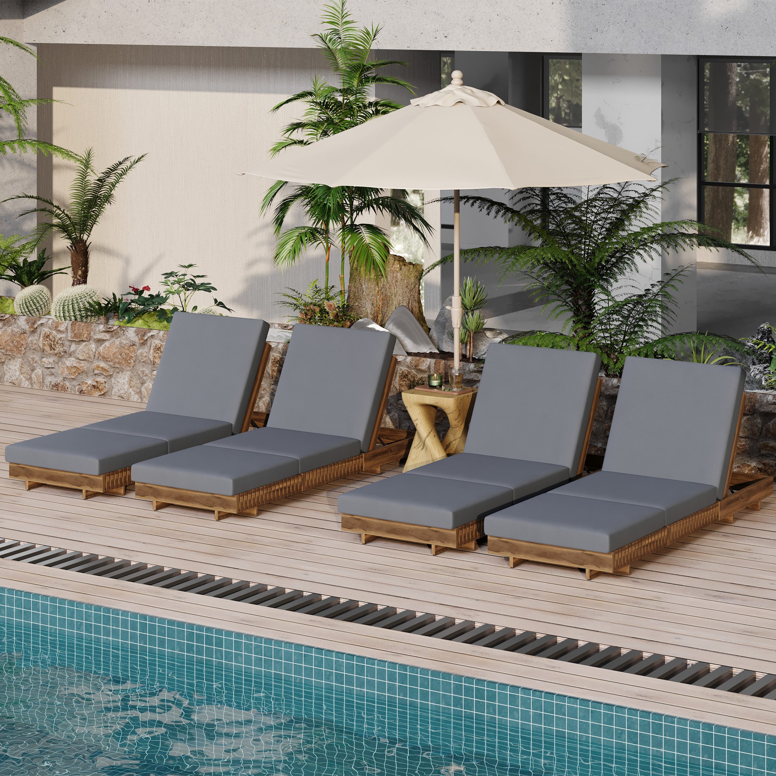 Lounge chaise Set, Acacia solid wood with LOUNGE CUSHION (Dark Grey+TRIPLE FOLDS) - Matching Cream Version Available - Image 5