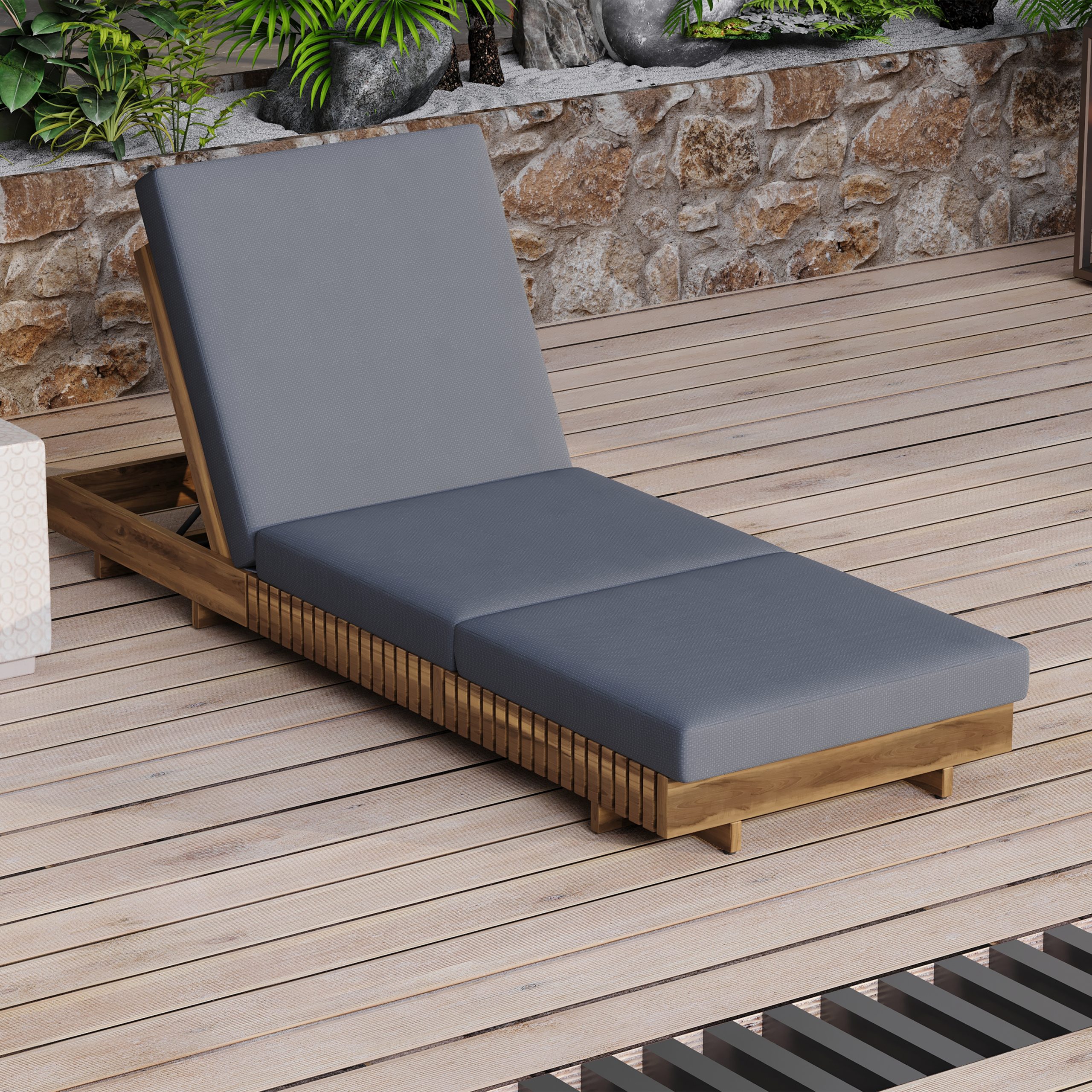 Lounge chaise Set, Acacia solid wood with LOUNGE CUSHION (Dark Grey+TRIPLE FOLDS) - Matching Cream Version Available - Image 6