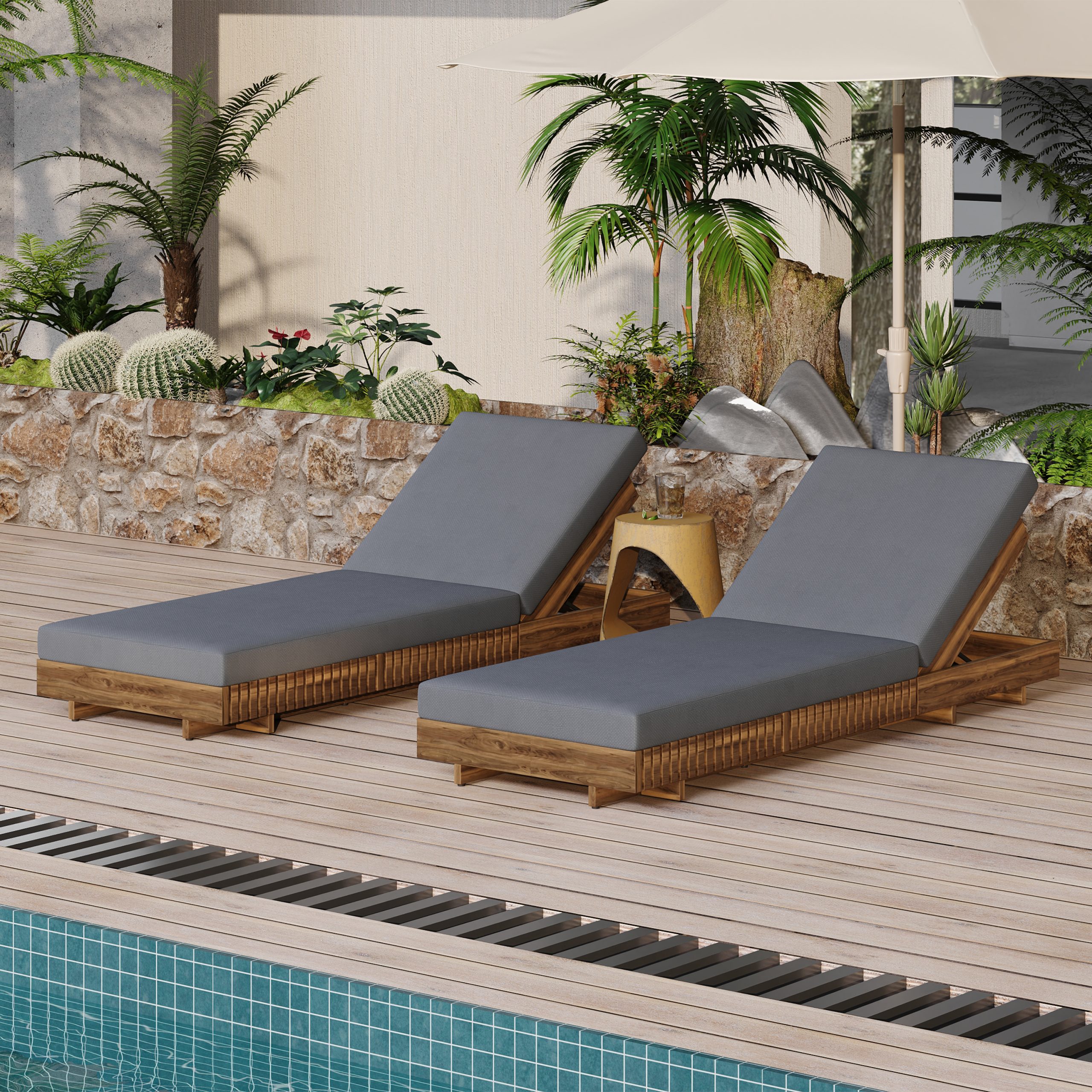 Lounge chaise Set, Acacia solid wood with LOUNGE CUSHION (Dark Grey) - Matching Cream Version Available - Image 4