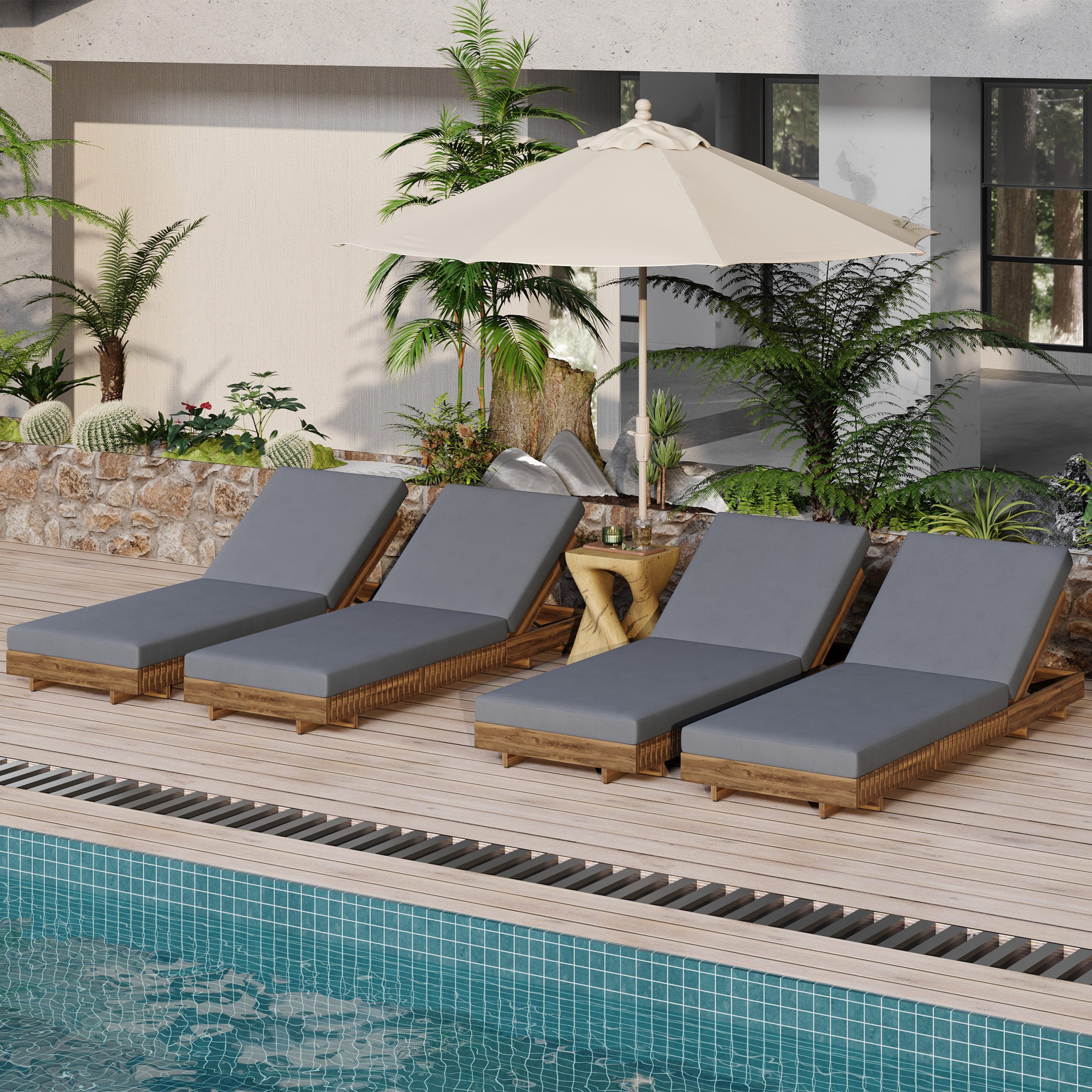 Lounge chaise Set, Acacia solid wood with LOUNGE CUSHION (Dark Grey) - Matching Cream Version Available - Image 5