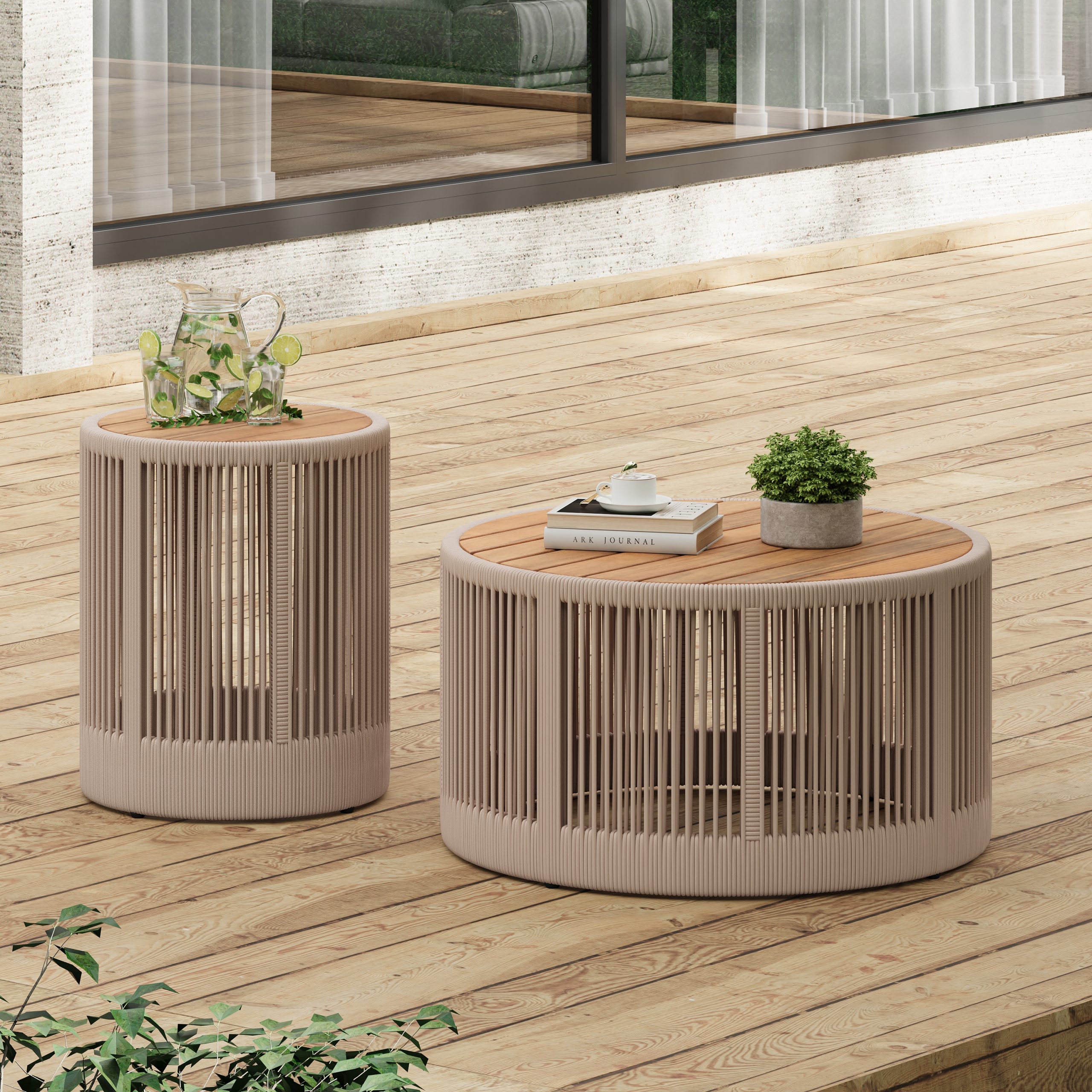 Rustic Industrial Table Set,Coffee Table & Side Table with Woven Rope Design, Modern Functionality Stylish Table Set for Living Room and Home Decor-Rope Beige - Image 2