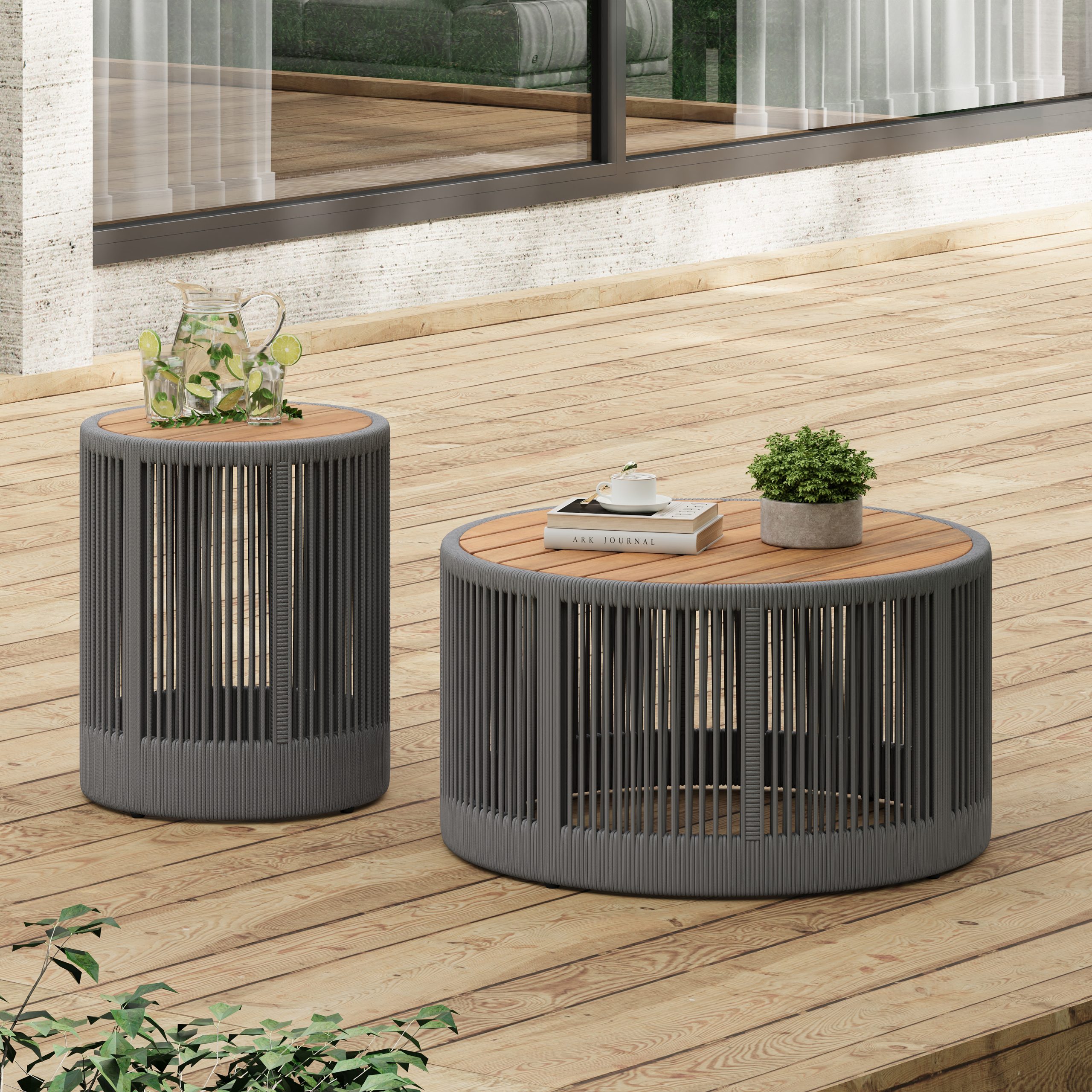 Rustic Industrial Table Set,Coffee Table & Side Table with Woven Rope Design, Modern Functionality Stylish Table Set for Living Room and Home Decor-Rope Grey - Image 2