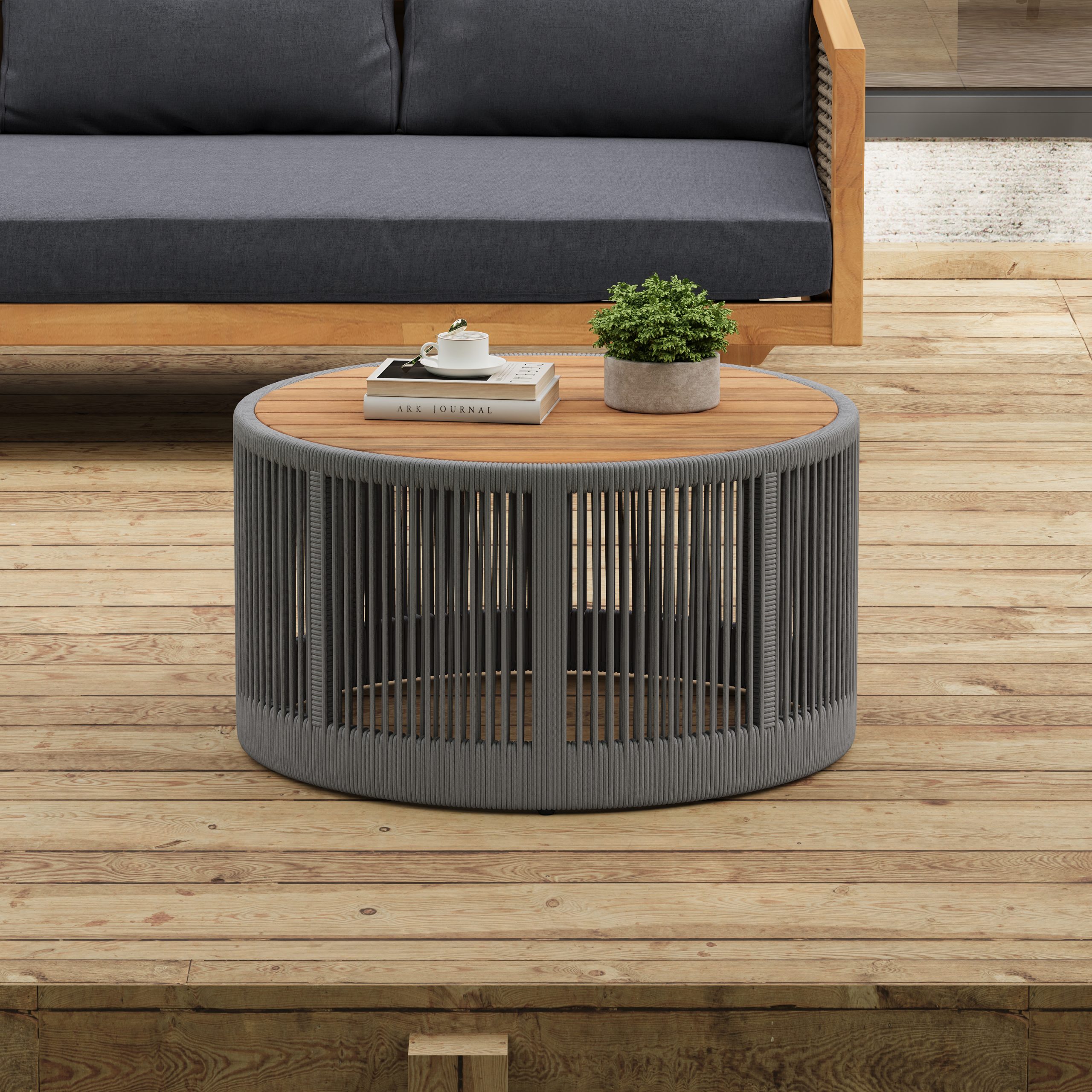 Outdoor Rattan rope & Acacia Wood Coffee Table - Patio Balcony Furniture for Garden, Yard, Balcony - Weather Resistant (Rope Grey, Natural Iron) - Image 2