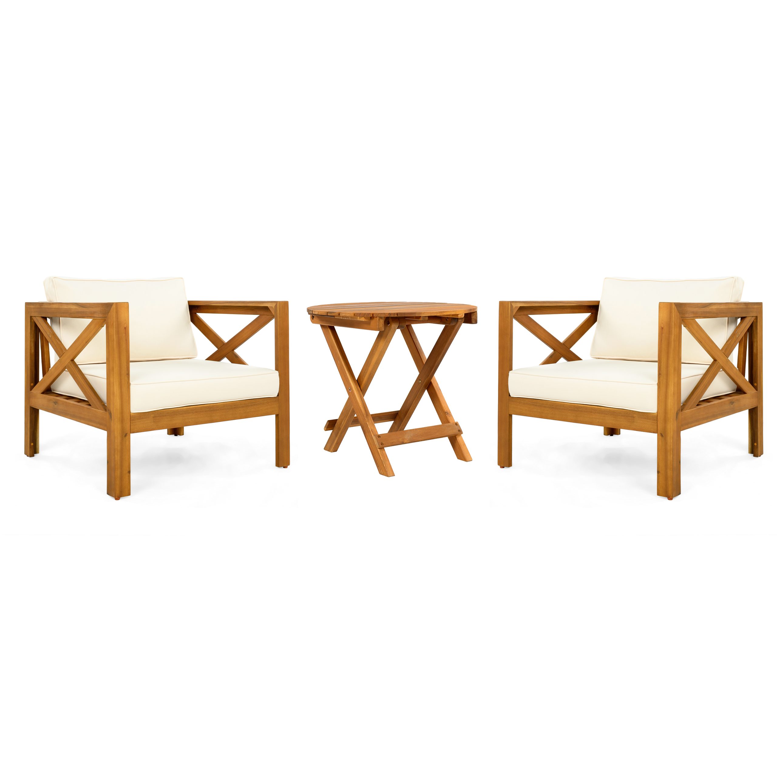 Patio Conversation Set, Outdoor Wood Conversation Seat(Set of 2),Armchair with Cushions,Foldable Acacia Wood Side Table,Teak Finish,Beige Cushion - Image 4