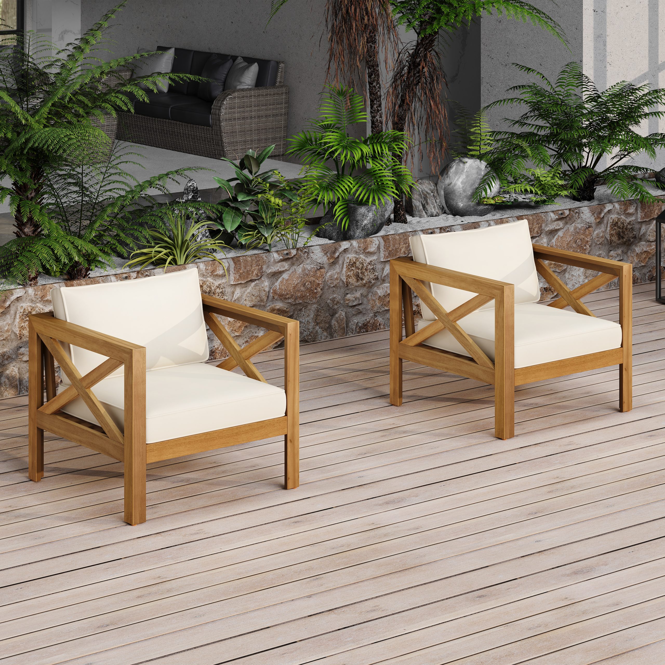 Outdoor Acacia Wood Club Wooden Armchair with Cushions (Set of 2), Conversation Set,Teak Finish,Beige Cushion - Image 3