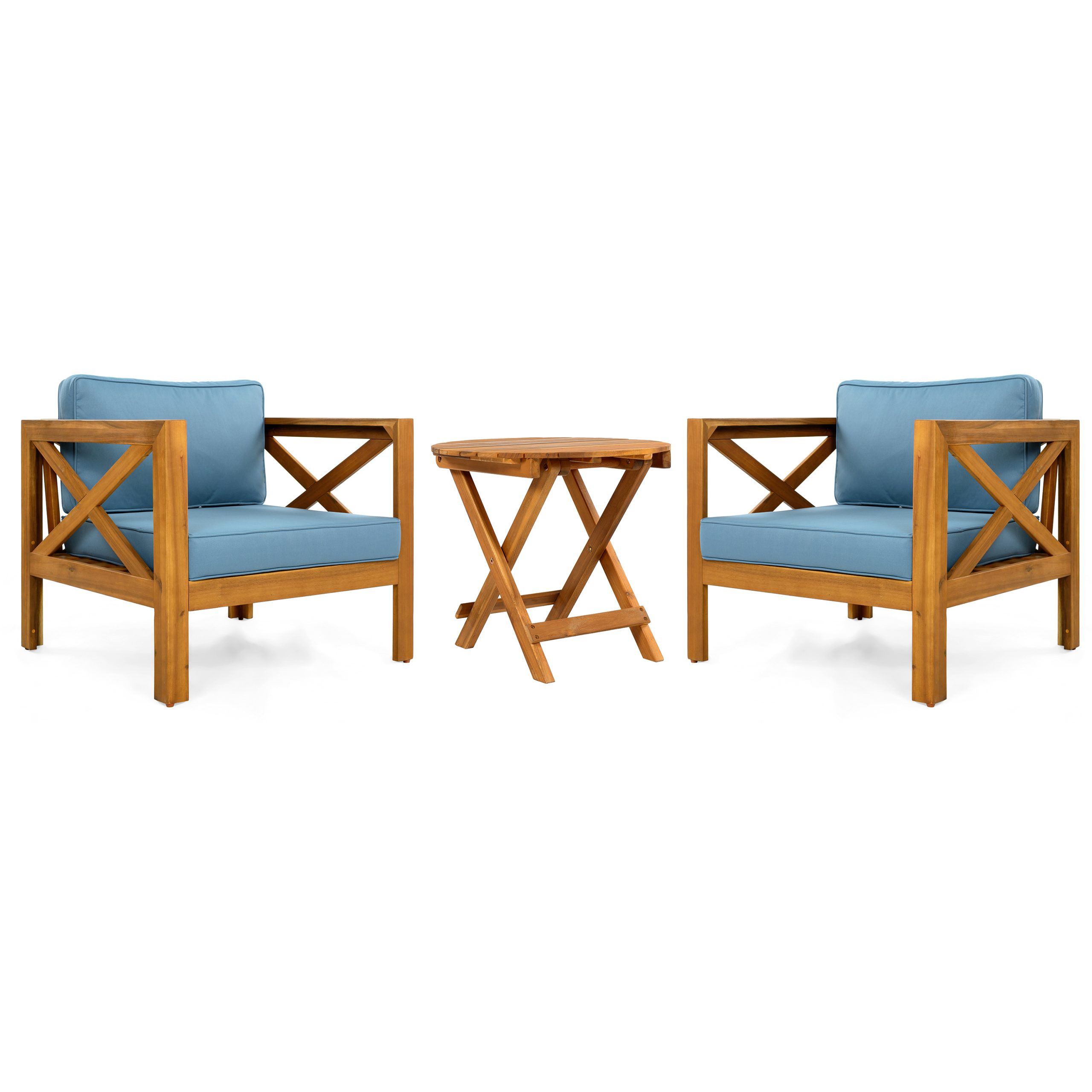 Patio Conversation Set, Outdoor Wood Conversation Seat(Set of 2),Armchair with Cushions,Foldable Acacia Wood Side Table,Teak Finish,Blue cushion - Image 4